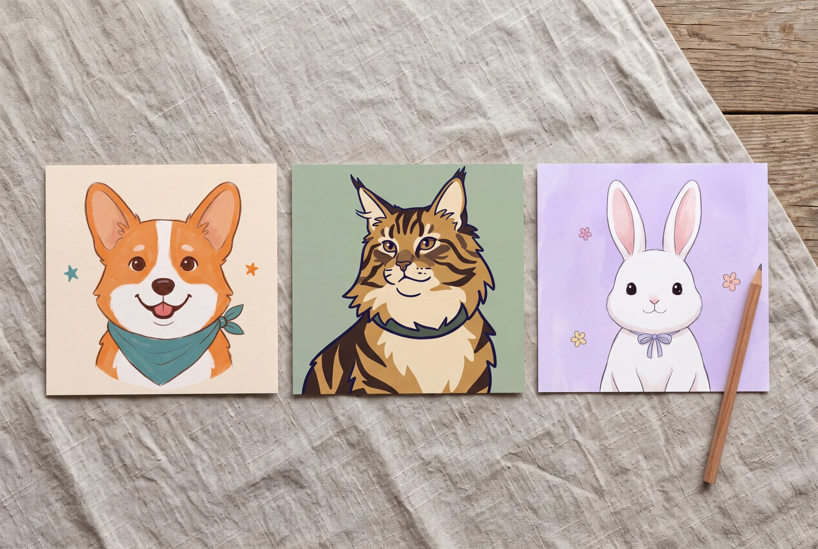 고양이, 코기, 토끼 일러스트 초상화 방향이 함께 배열됨