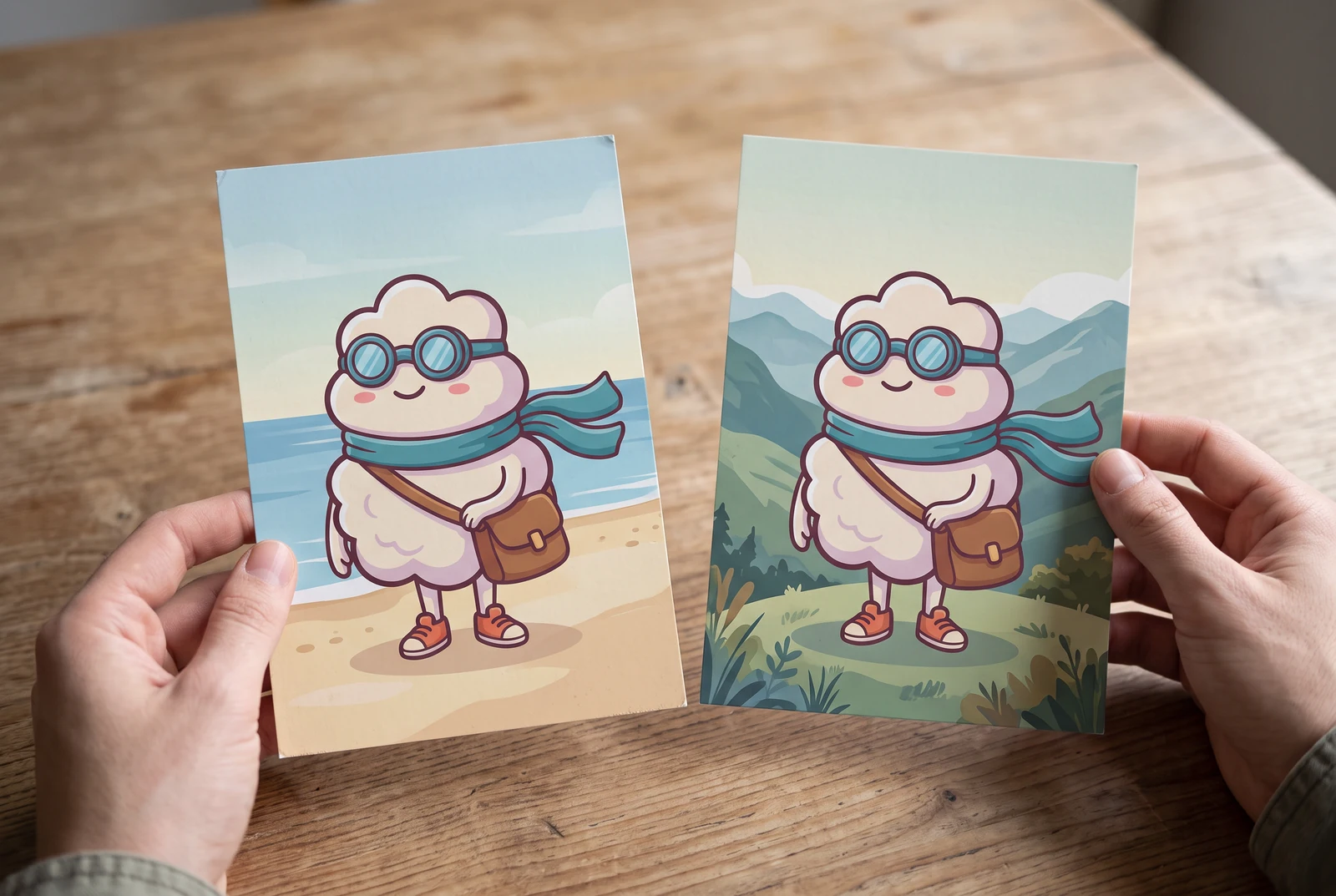 Exactly two hands holding two cloud character postcards, one with a beach scene and one with mountains.