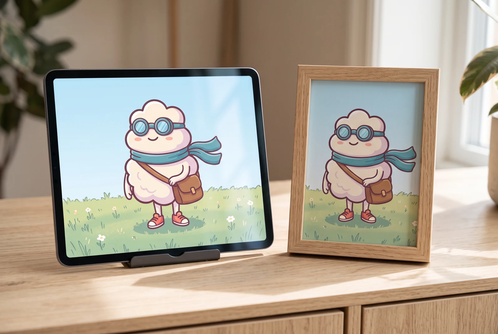 A cloud character composition displayed on a tablet beside a matching framed print.
