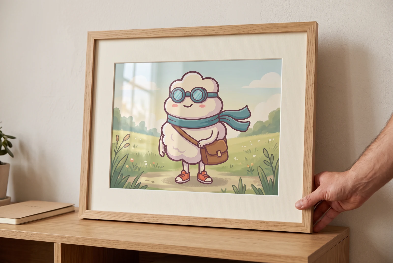 A person holding a framed meadow poster featuring the cloud character in a home office.