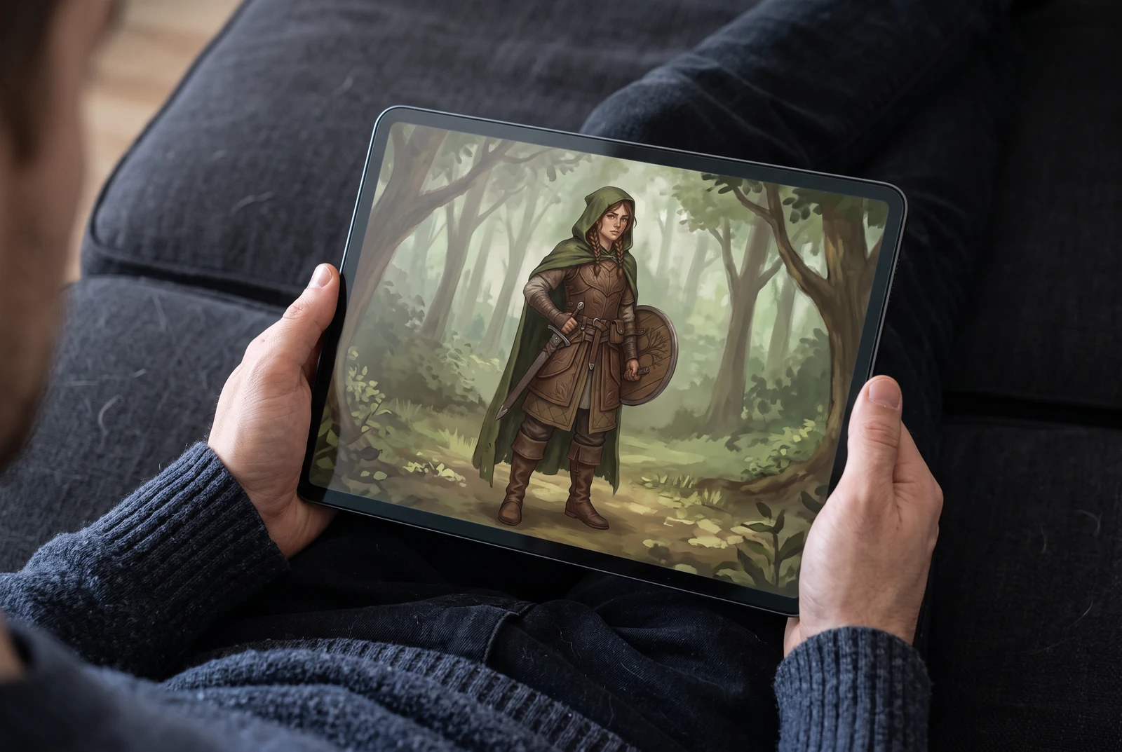 騎士のキャラクターのファンタジーキービジュアルを表示したタブレットを両手で持っている。