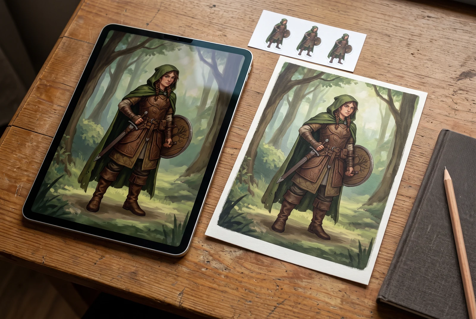 騎士のキャラクター作品を表示したタブレットの横に、同じテーマのプリントとシールが並んでいる。
