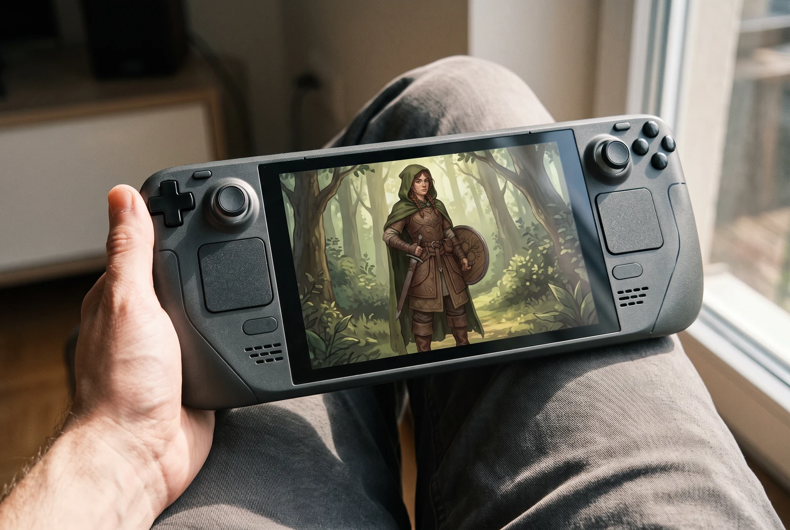 騎士のキャラクターが登場する静止画のファンタジー場面を表示した携帯ゲーム機。