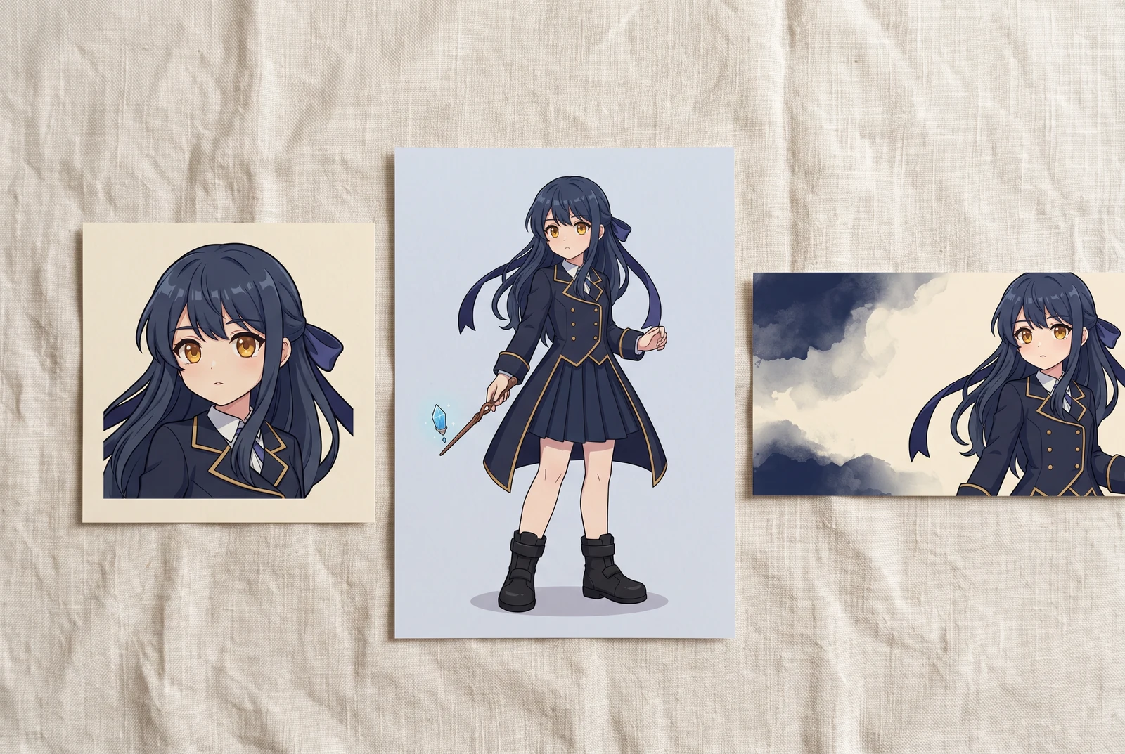 アニメキャラクターを正方形のアバター、ポートレート、バナーとして配置した印刷カード。