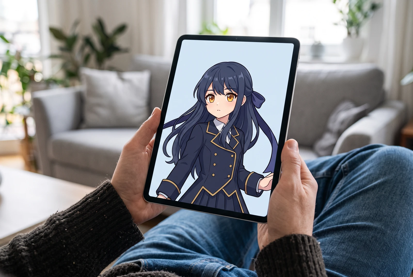 完成したアニメキャラクターのポートレートを表示したタブレットを両手で持っている。