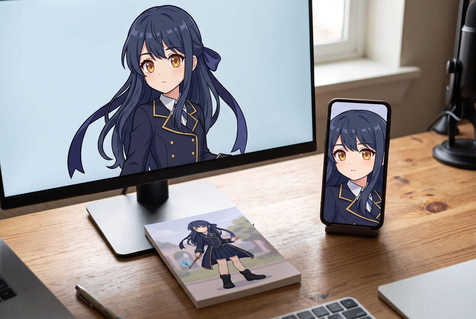 モニター、スマートフォンのポートレート画面、参考カードに、統一したアニメキャラクターの画像が表示されている。