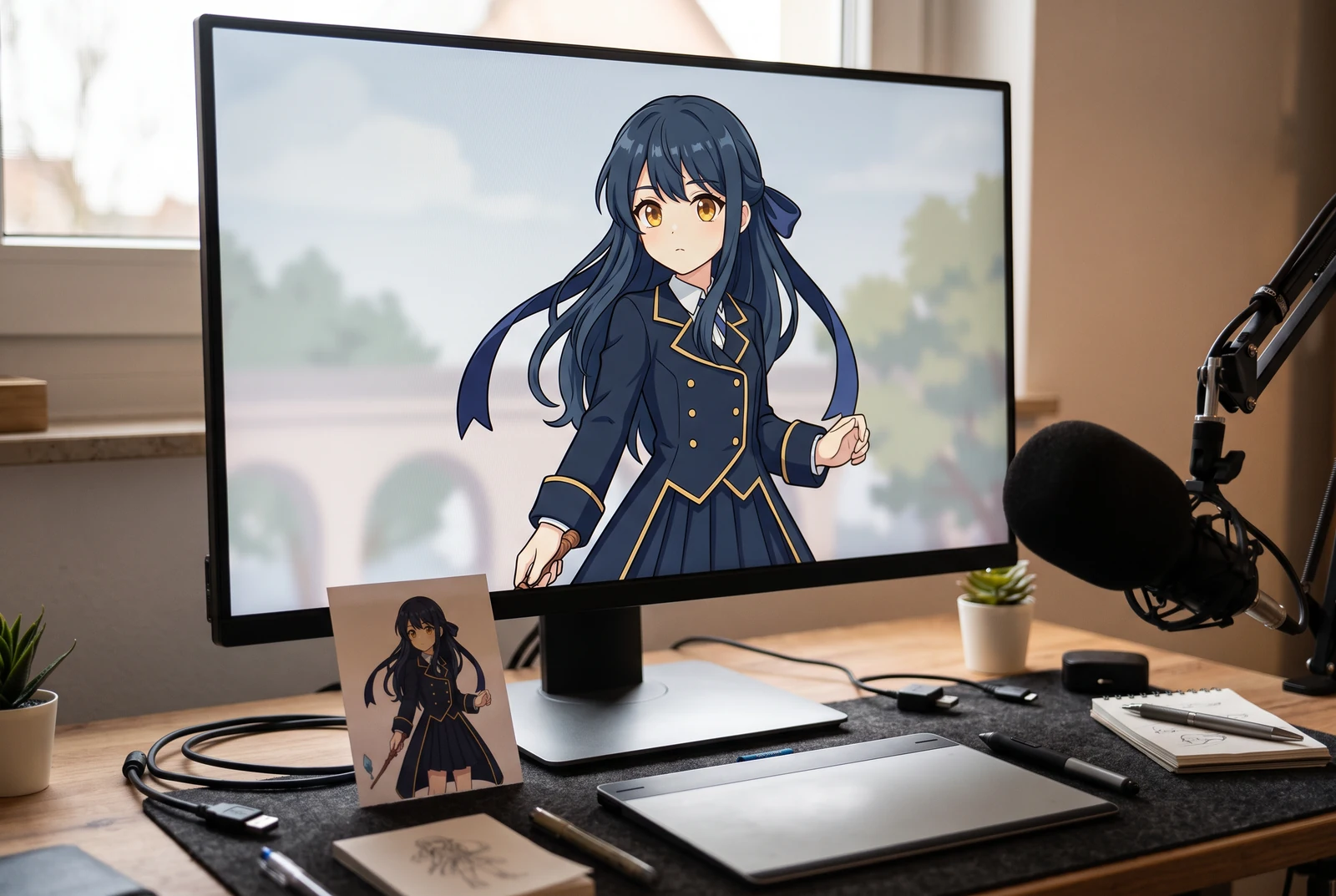 アニメキャラクターのアバター画像を表示したモニターとマイクを備えた、クリエイターが自宅で使うデスク。
