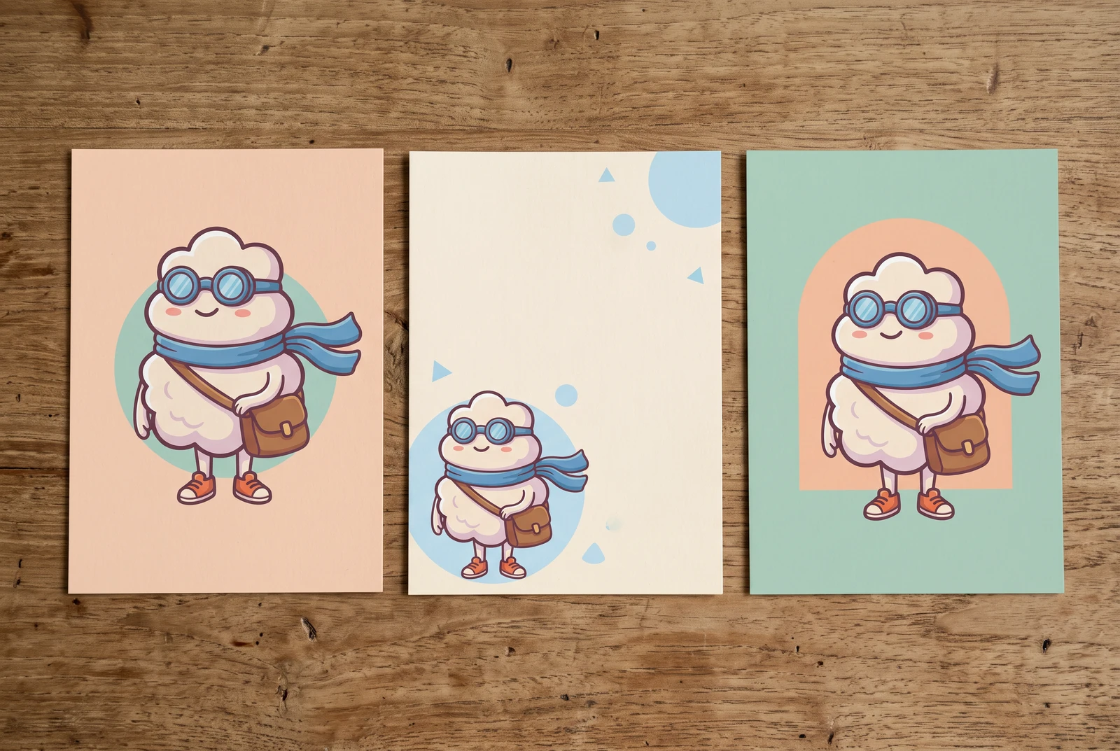 Three cloud mascot postcards with different compositions.