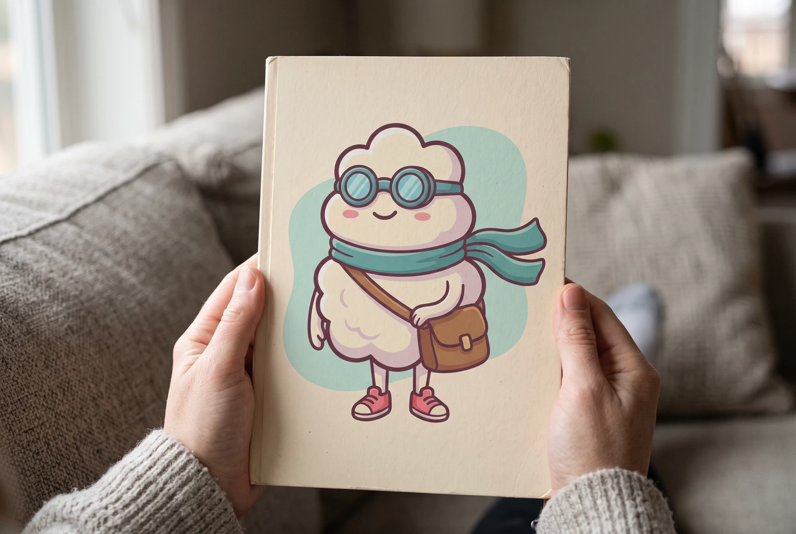 Hands holding a sketchbook with the cloud mascot illustrated on its cover.