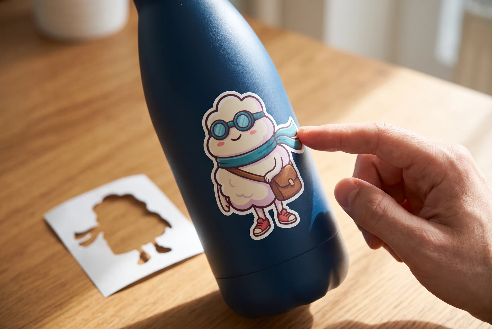 A person applying a cloud mascot sticker to a personal water bottle.