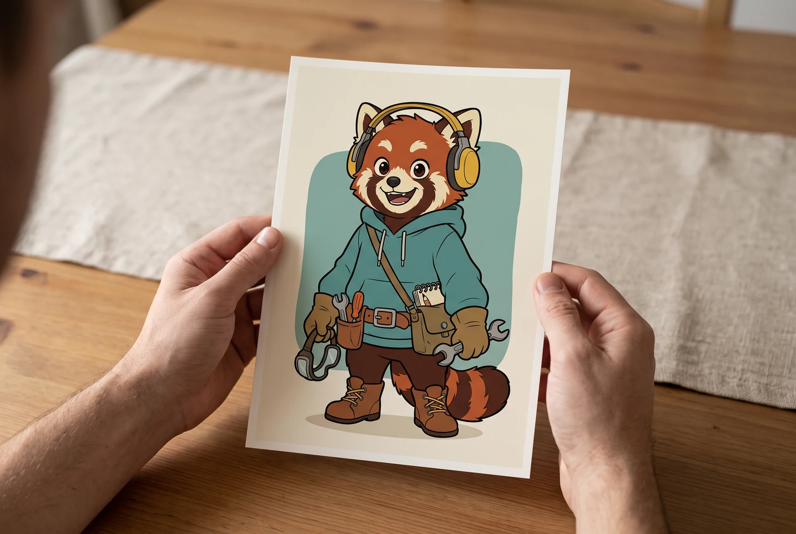 レッサーパンダのキャラクターを描いたマットなアートプリントを両手で持っている。