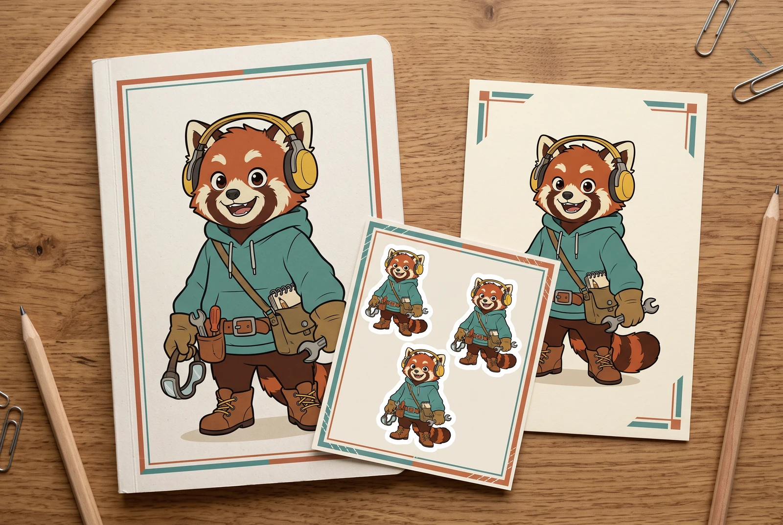 レッサーパンダのキャラクターで統一したシール、ポストカード、ノートのセット。