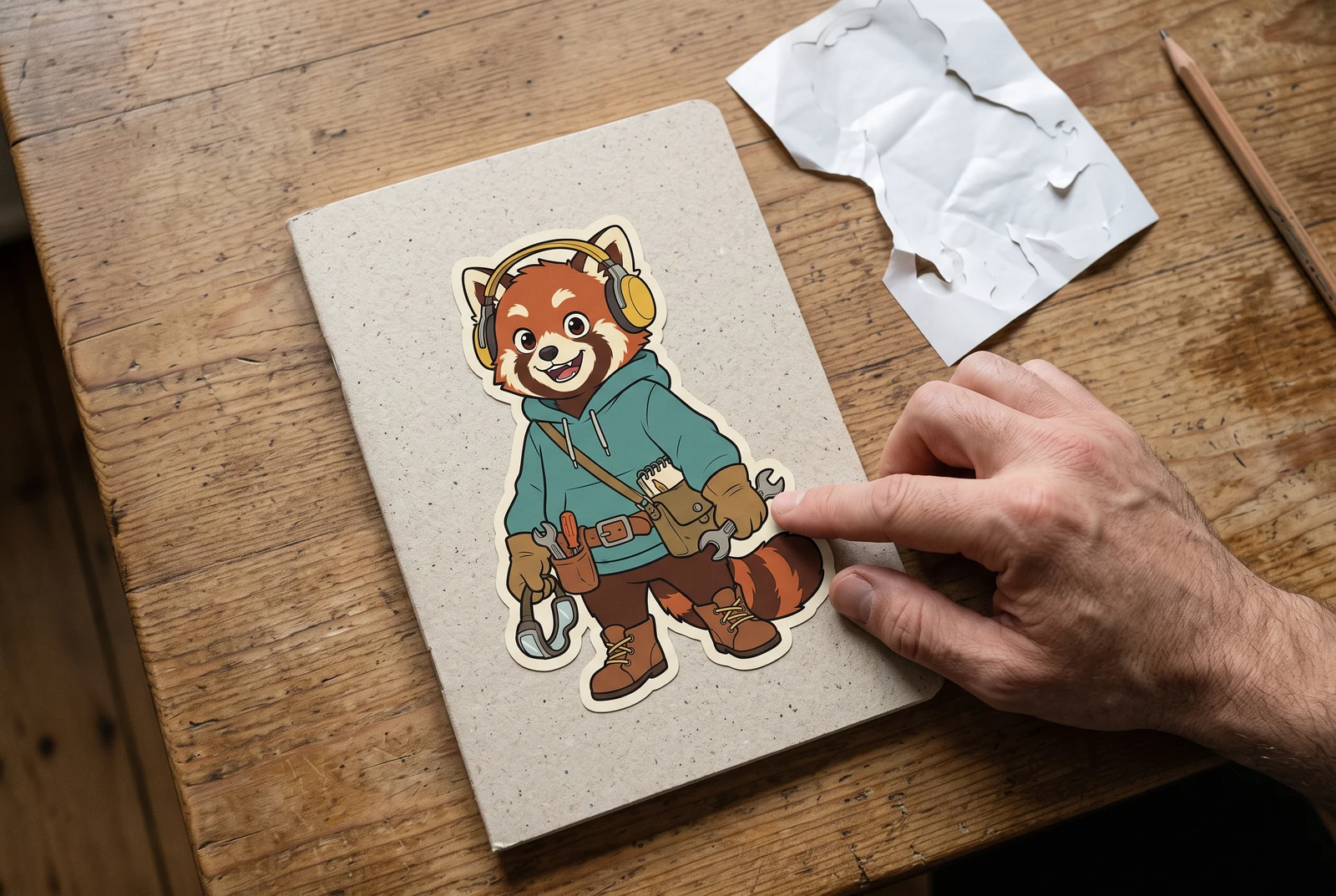 日常のデスクに置かれた個人用ノートに、レッサーパンダのキャラクターシールが貼られている。