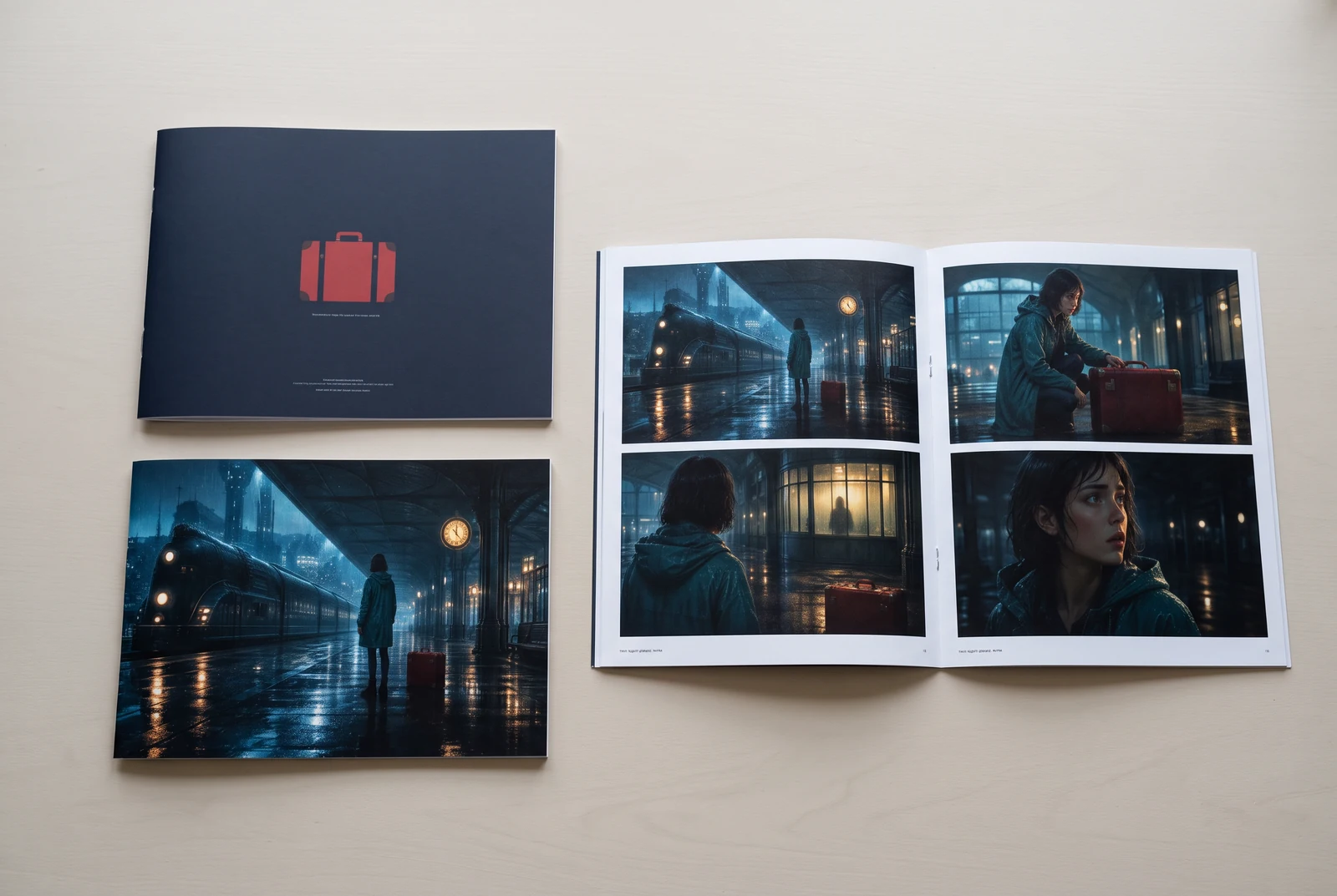 Three booklet design directions using the same teal-raincoat character and red suitcase
