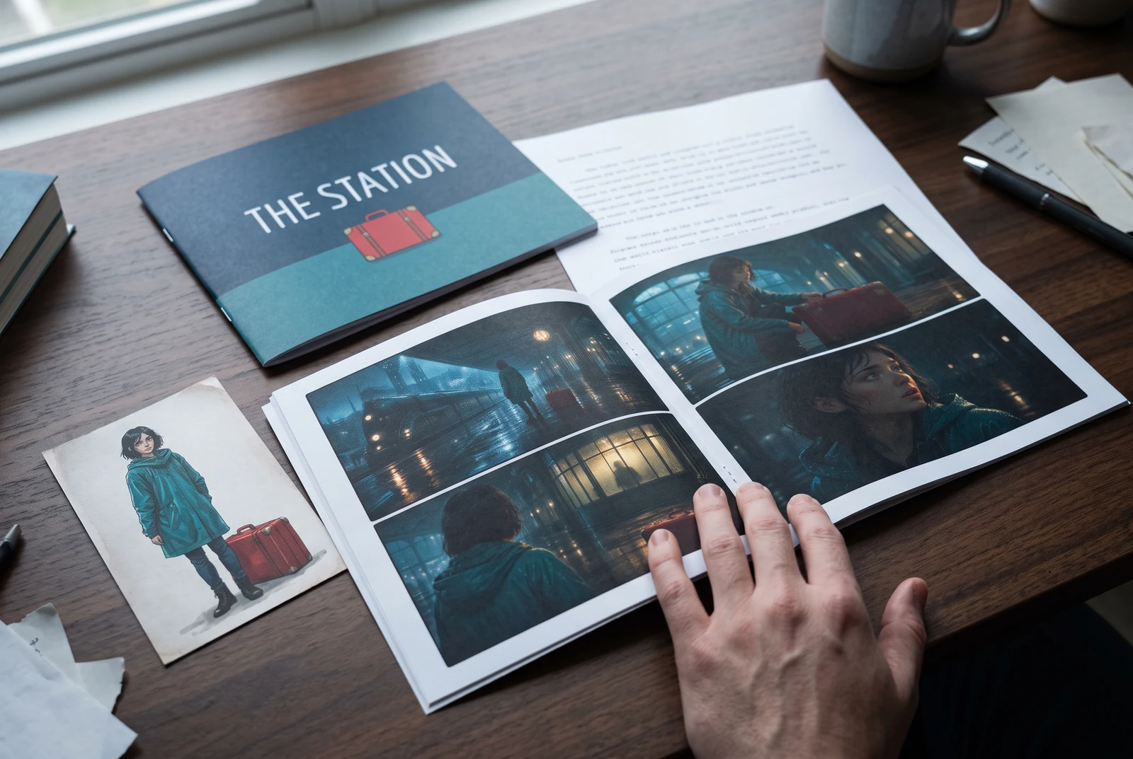 A matching story booklet, cover, character card and draft notes on a writer’s desk