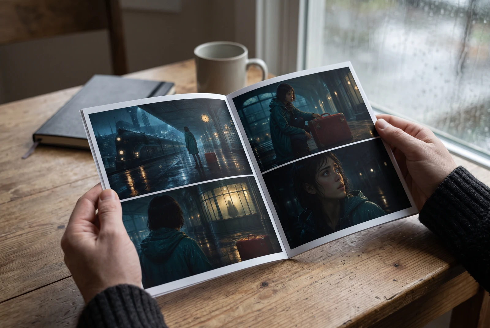 A reader holding a story booklet open to four rainy-station scenes beside a window