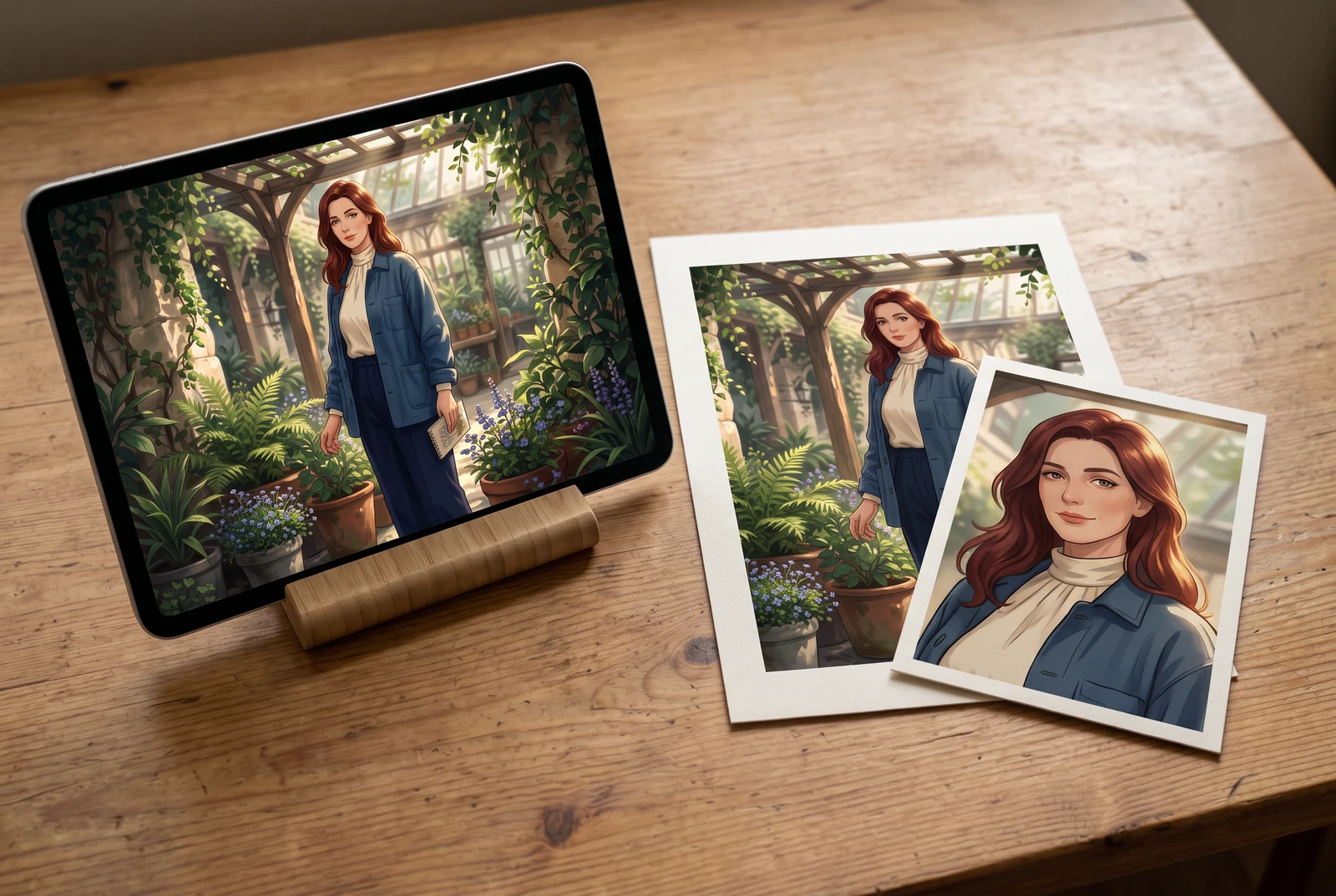 Usklađena kolekcija printa sa scene lika, portretne kartice i prikaza na tabletu na kućnom radnom stolu.
