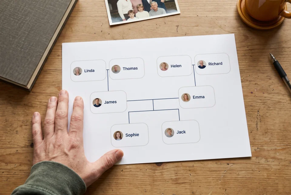 Mãos seguram uma prova de impressão fictícia de uma árvore genealógica simples ao lado de fotos de referência