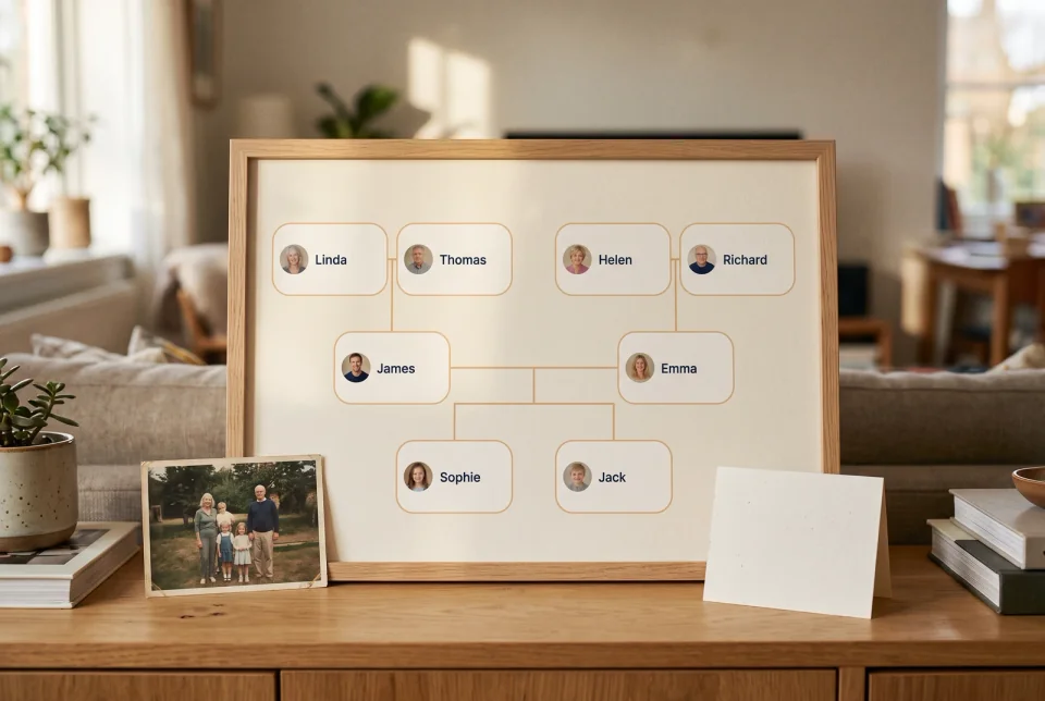 Uma impressão fictícia de uma árvore genealógica em estilo de lembrança acolhedora aparece junto de fotos de família