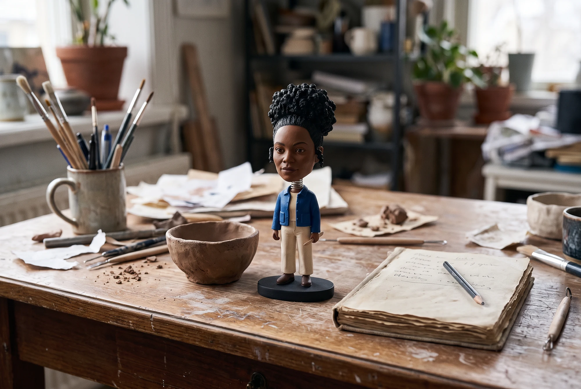 Concept AI: un bobblehead di un'artista ceramista su una scrivania di casa, con collo a molla e base rotonda visibili.