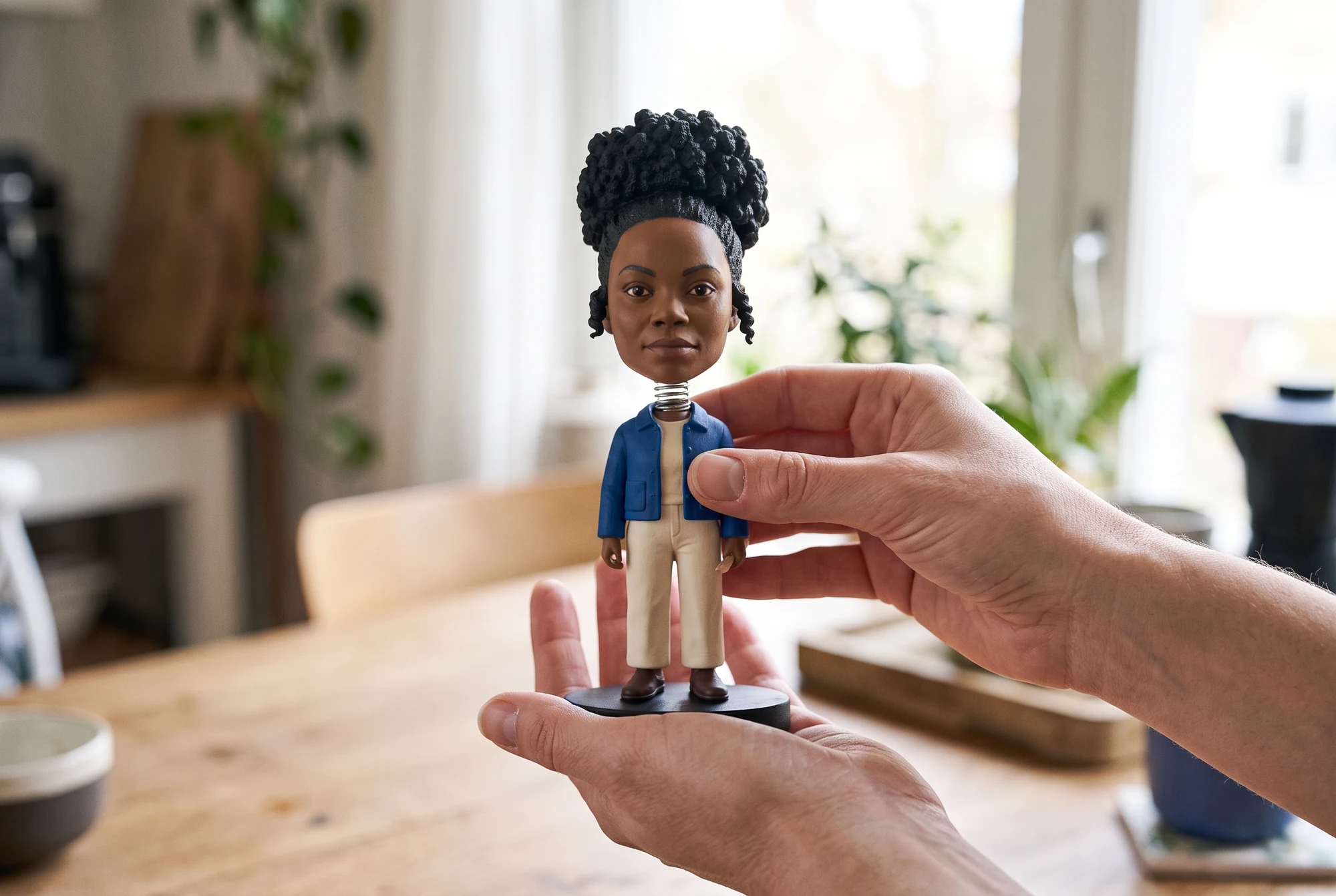 Concept AI: due mani adulte che presentano il bobblehead completo, sostenendo la base e lasciando visibile la molla.