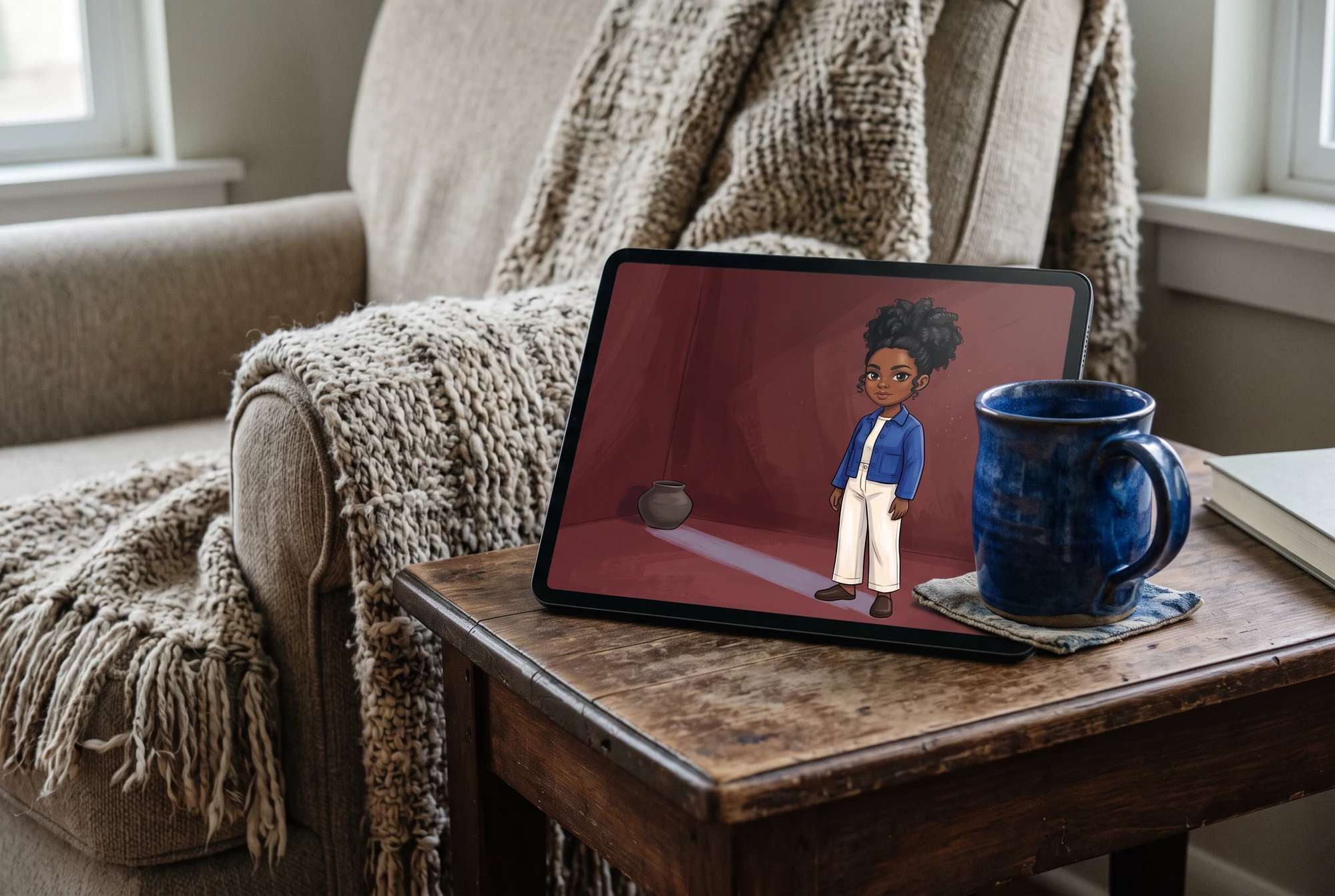 Concept IA : une tablette affichant l’illustration chibi, à côté d’une tasse cobalt et d’un plaid texturé.