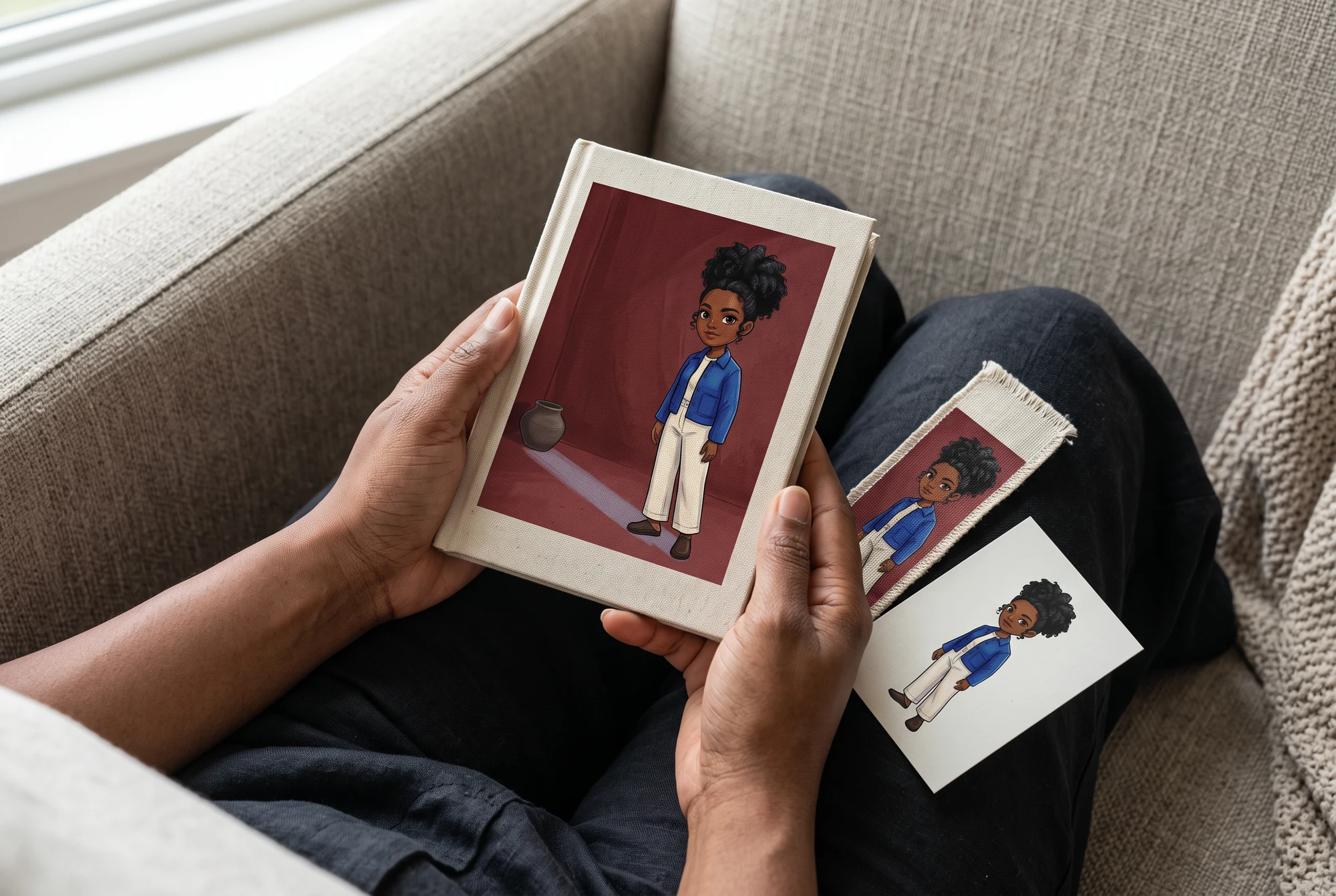 Concept IA : des mains d’adulte tenant un carnet relié tissu avec une couverture chibi, accompagné d’un marque-page et d’une petite carte.