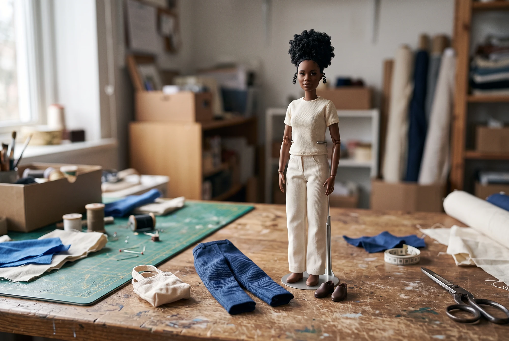 AI-concept: een modepop op een knutseltafel met miniatuurkleding, een stoffen tas en extra bruine schoenen.