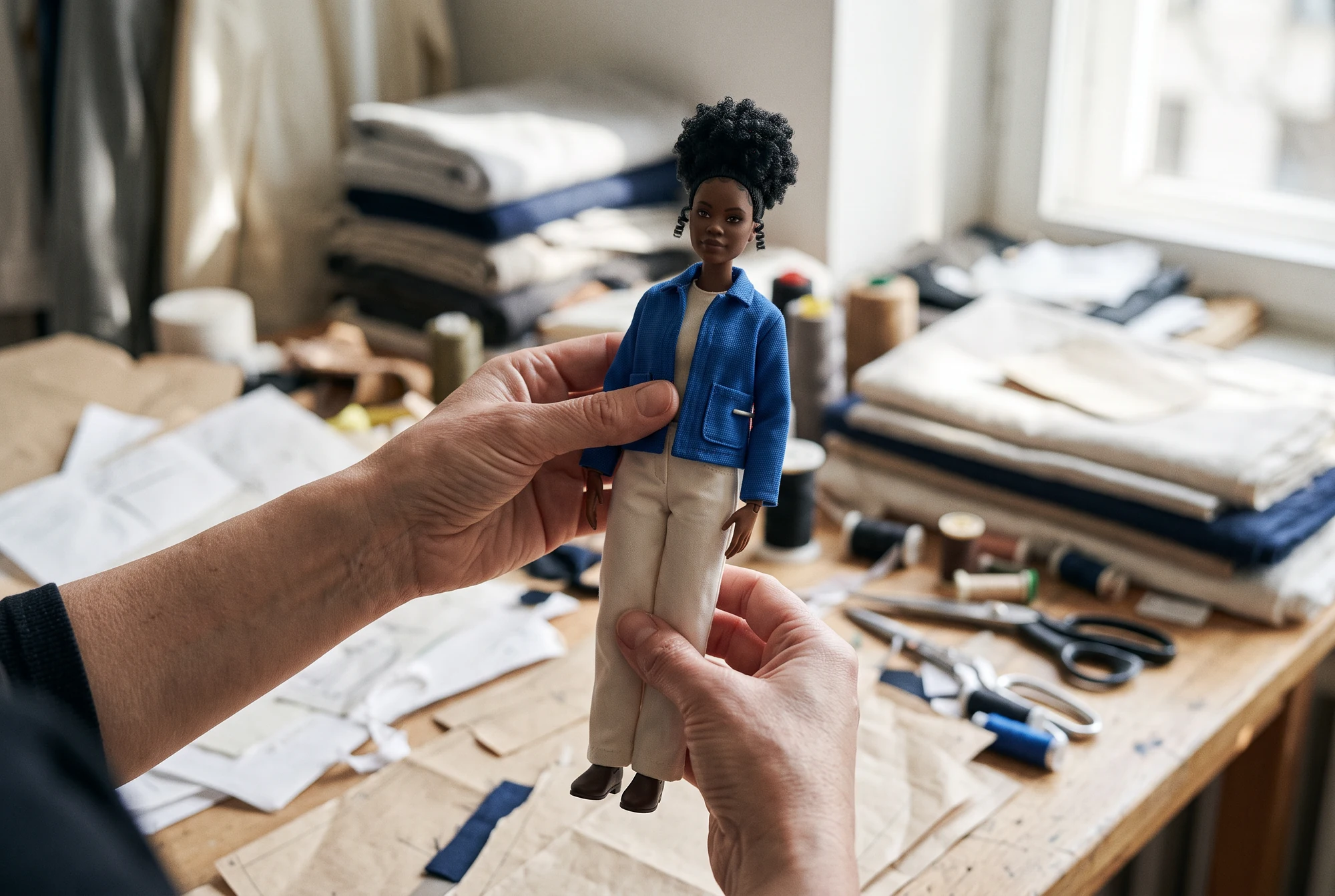 AI-concept: volwassen handen met een complete modepop met hoge krullen, een kobaltblauwe jas en crèmekleurige broek.