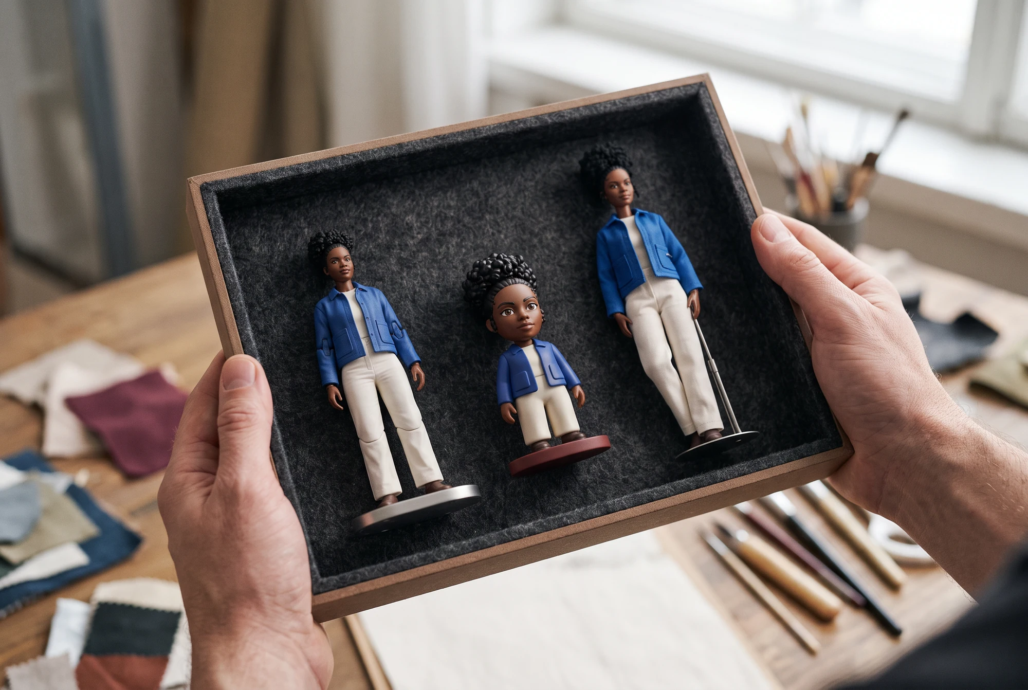 Concepto de IA: manos adultas sosteniendo una charola de presentación oscura con conceptos de figura articulada, chibi y muñeca de moda.