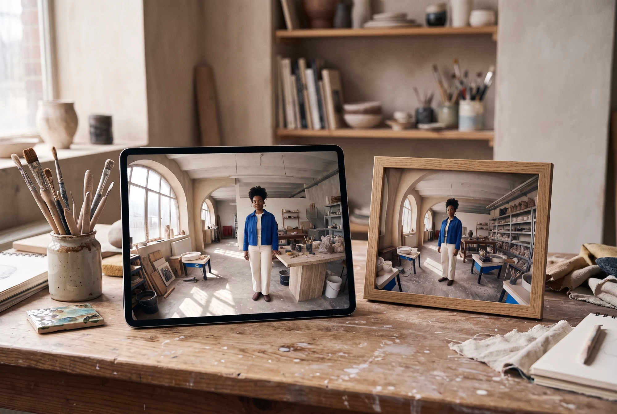 Concept AI: un tablet che mostra un ritratto in studio con prospettiva curva, accanto a una piccola stampa incorniciata.