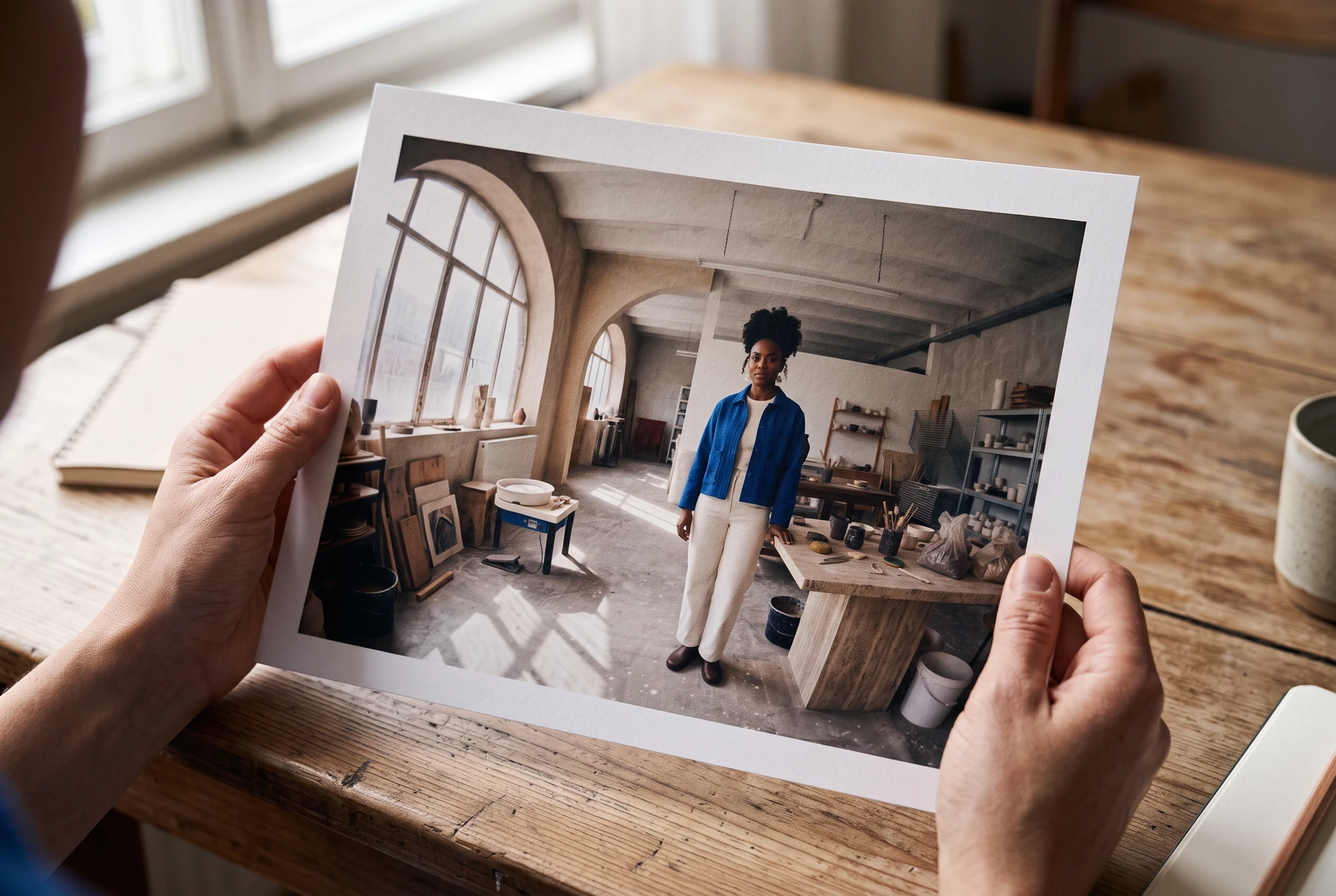 Concept AI: mani adulte che tengono una stampa con bordo bianco che mostra la donna in uno studio con prospettiva curva.