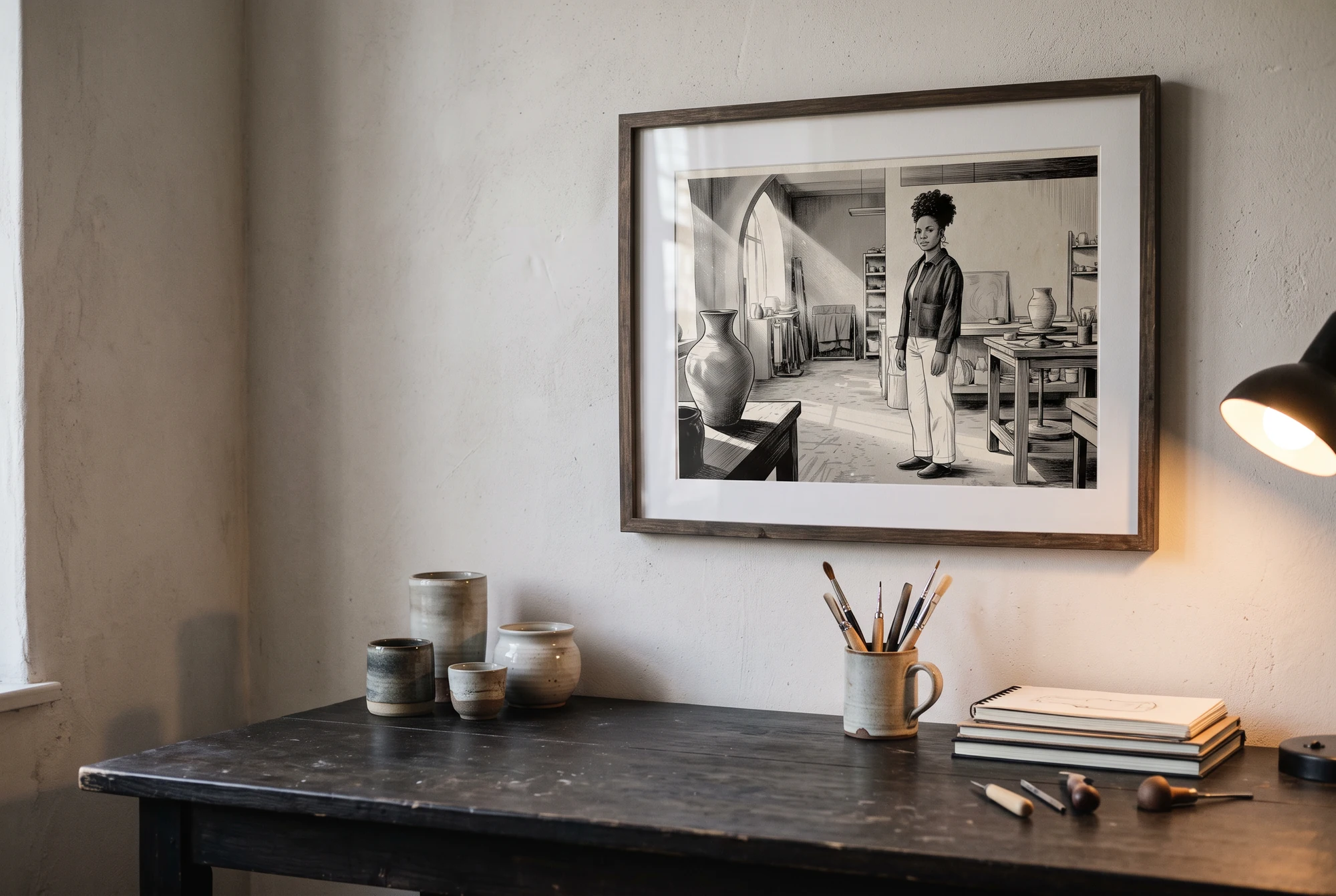 Concepto de IA: una ilustración de manga en blanco y negro enmarcada, sobre la pared del taller y encima de un escritorio oscuro.