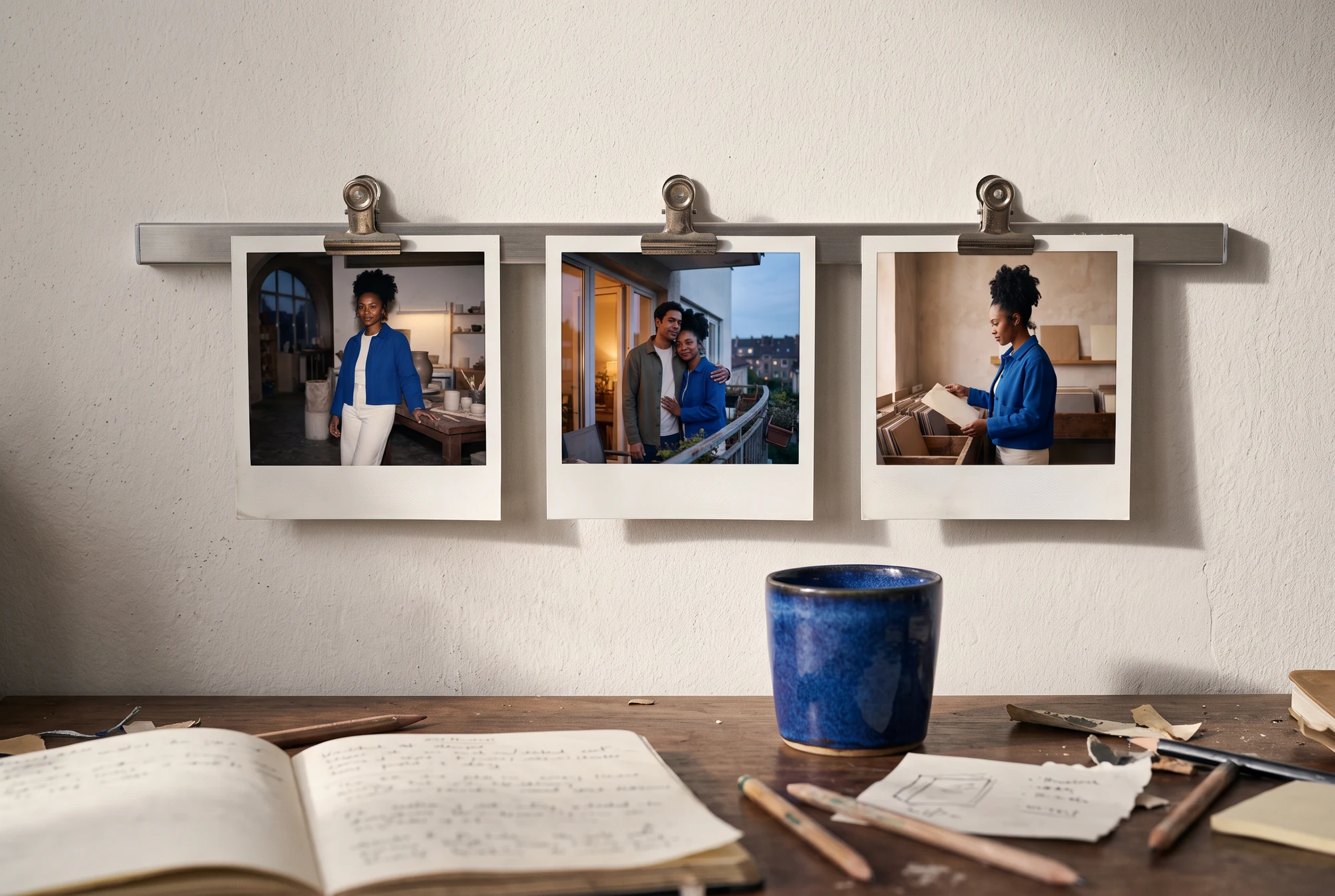 Concepto de IA: tres fotos instantáneas de la mujer y de la pareja de adultos sujetas a un riel metálico sobre un escritorio de trabajo.