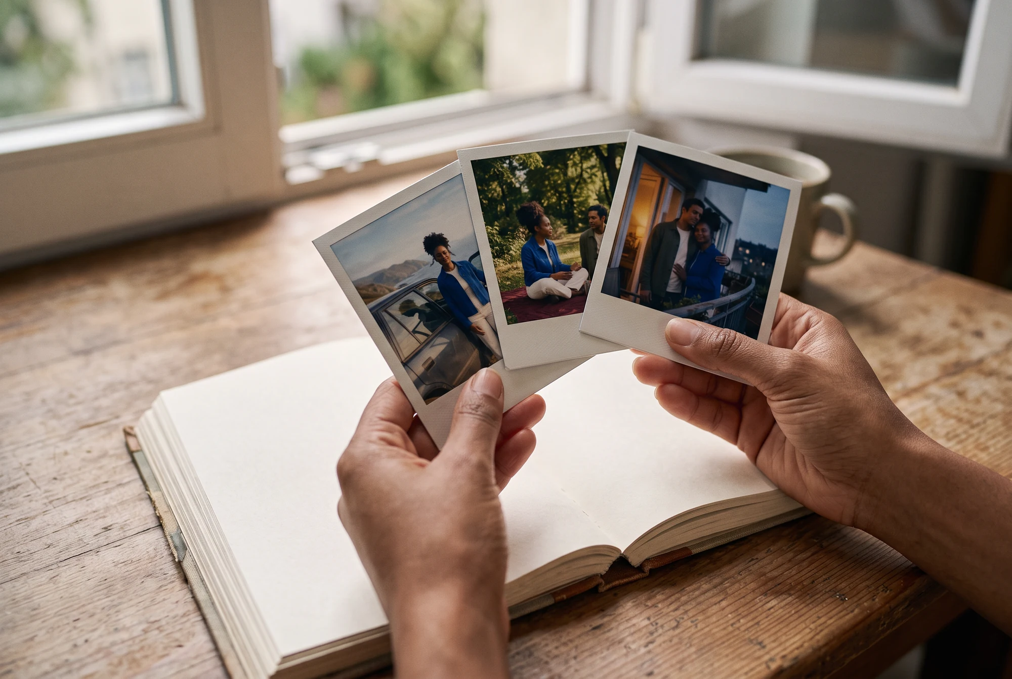 Concepto de IA: manos adultas extendiendo tres fotos instantáneas sobre un diario de viaje abierto junto a una ventana.