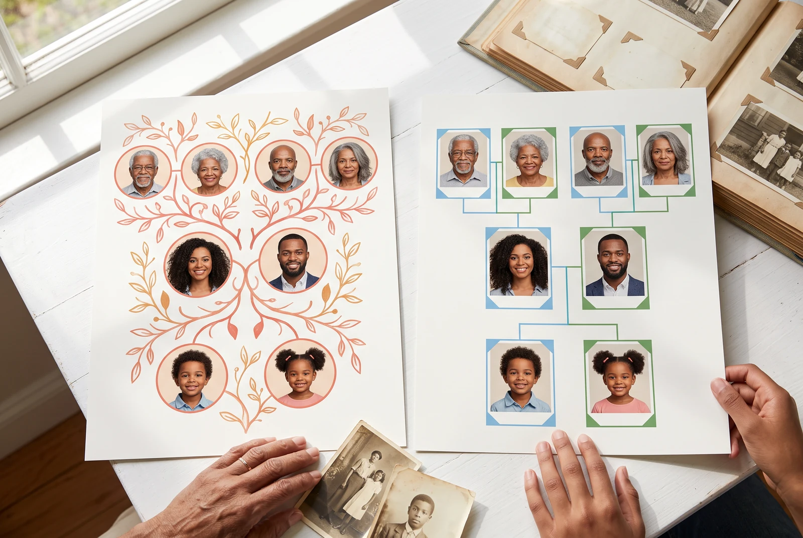 Photo family chart layouts with different portrait arrangements