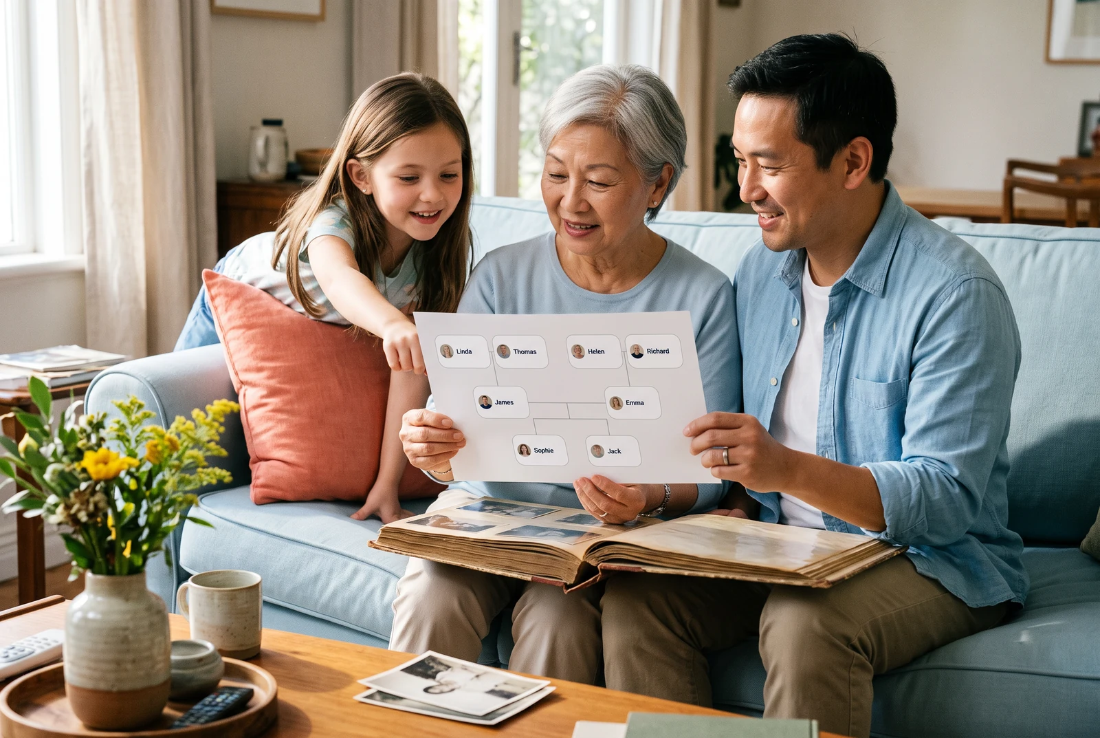 Adult hands holding a printed photo family chart