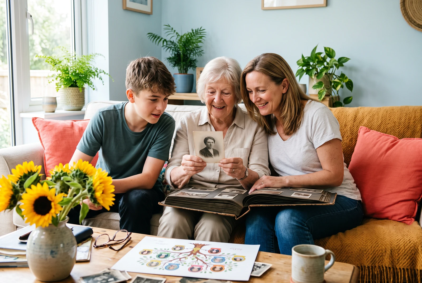 A photo family chart beside a family album in a home setting