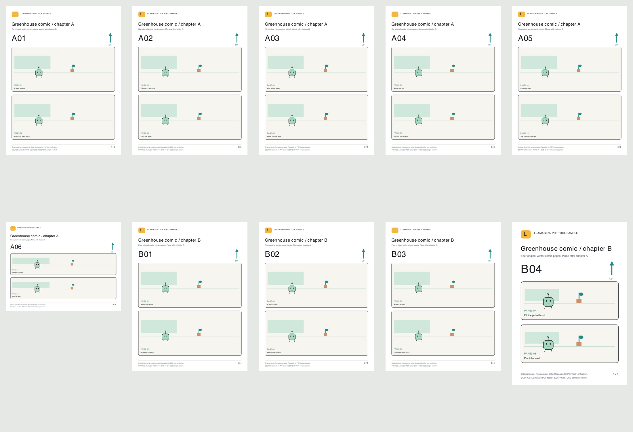 Ten pages rendered from the actual merged PDF, with chapter A before chapter B