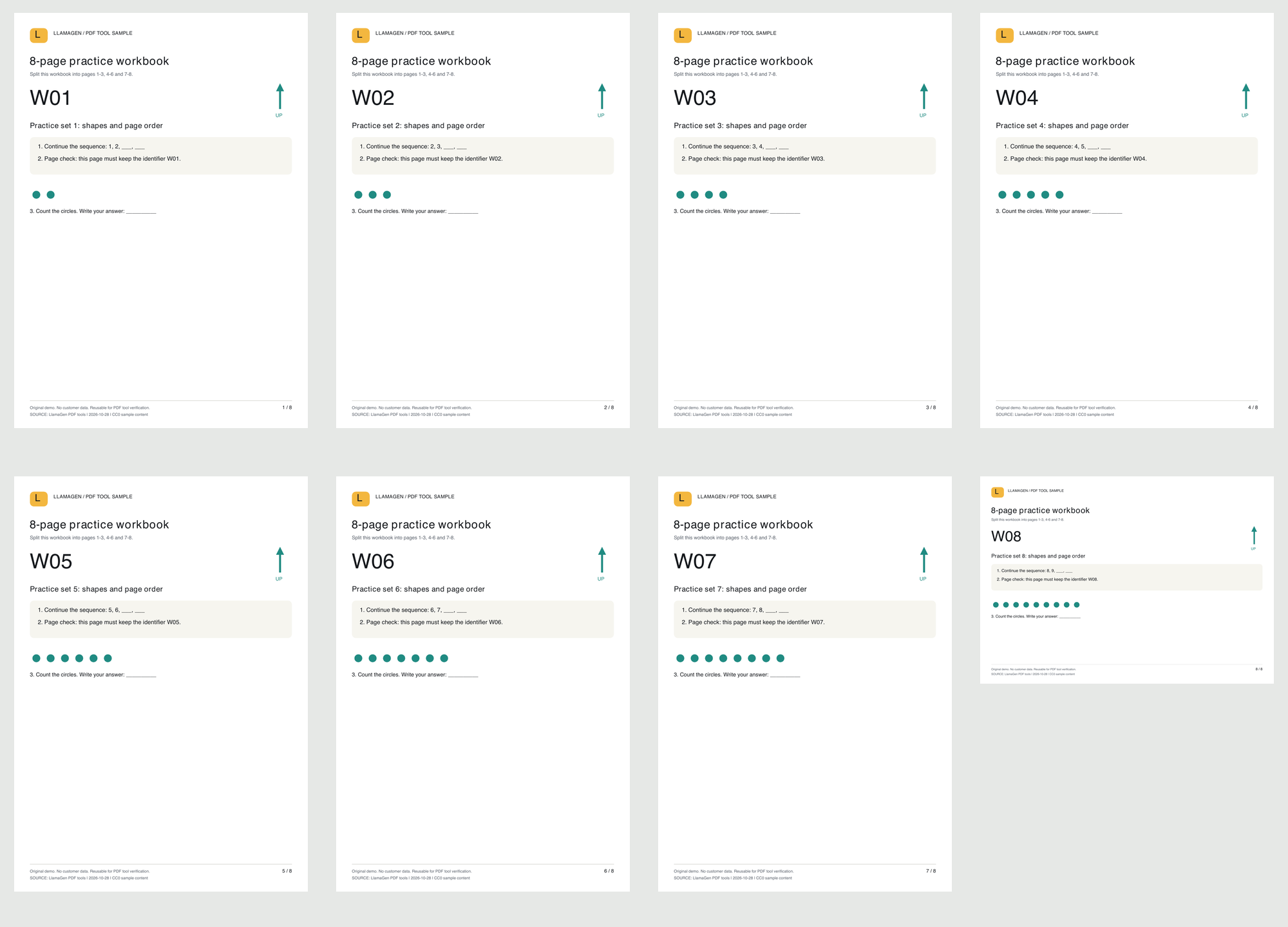 Pages W01 to W08 rendered from the four PDFs actually downloaded from the PDF splitter