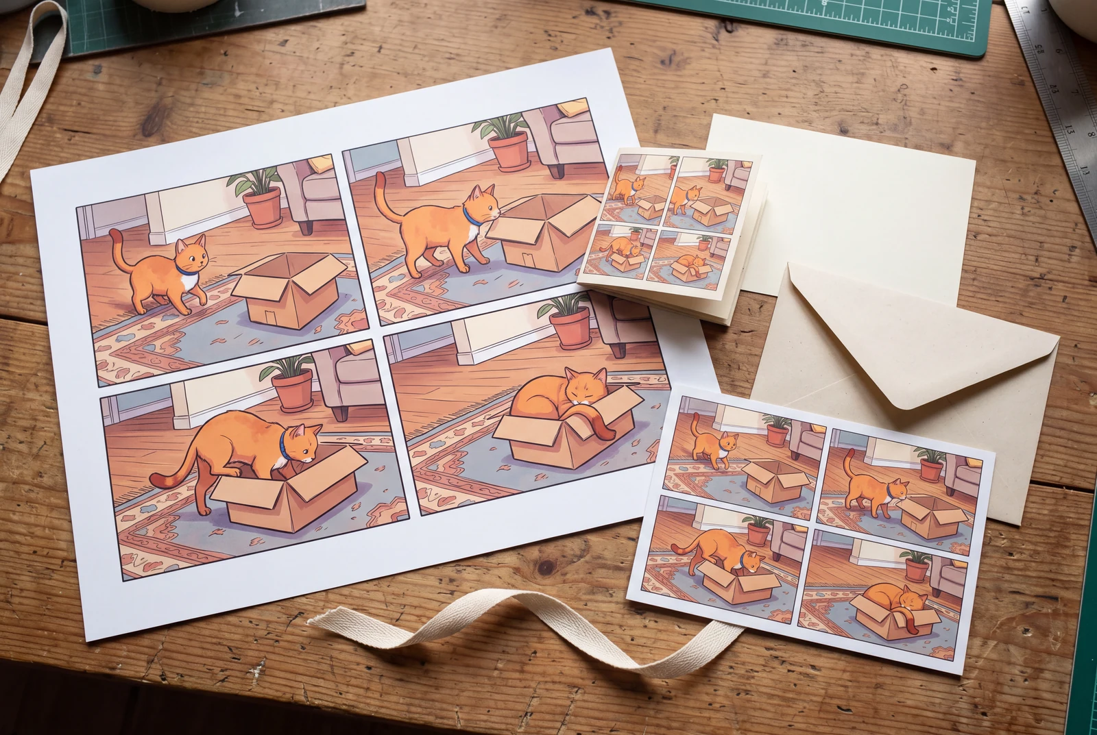 A pet comic print, folded mini comic and smaller print arranged with a blank card, envelope and ribbon on a home craft table