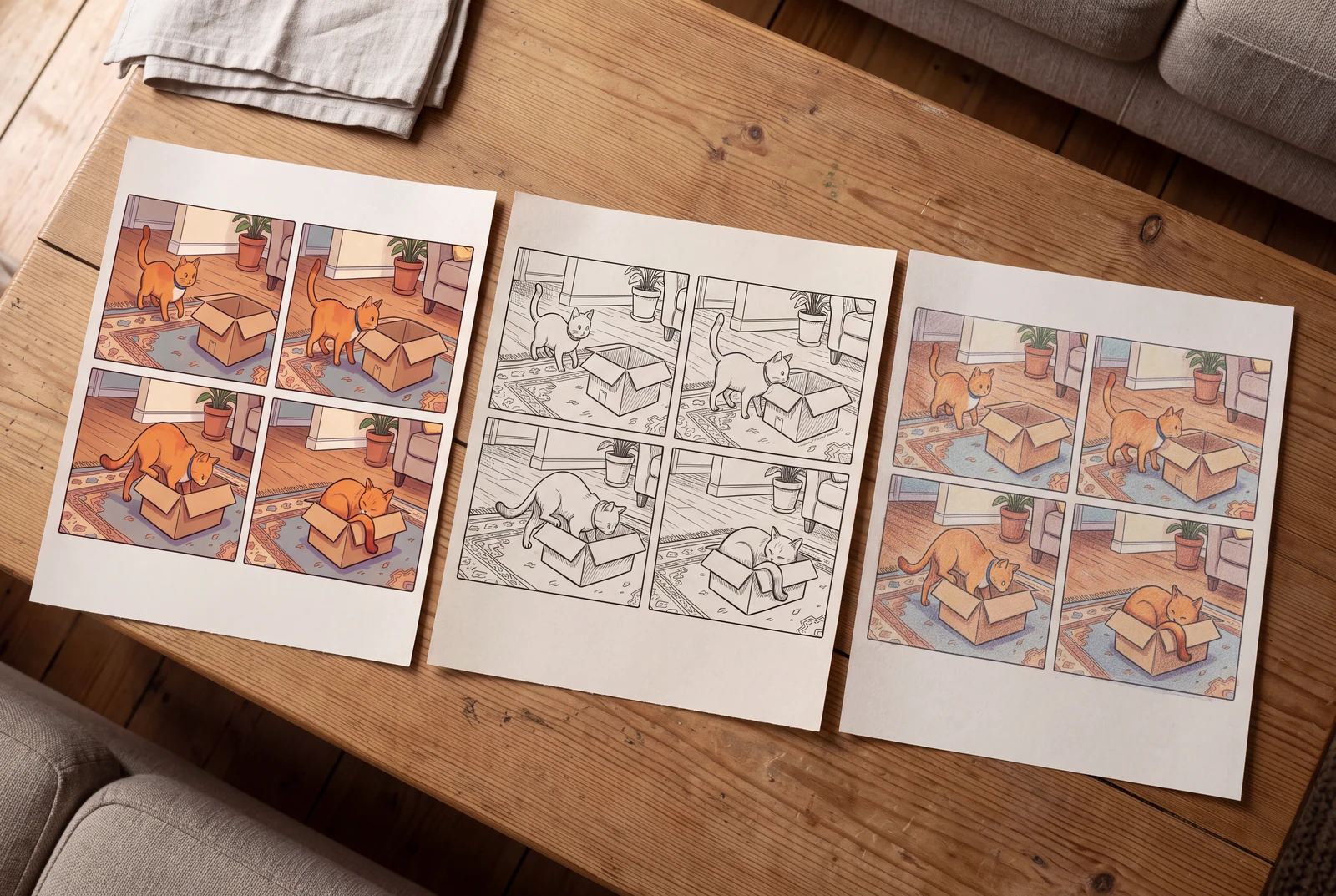 Three complete paper prints of the orange-cat box story in color, black ink and colored-pencil designs on a home coffee table