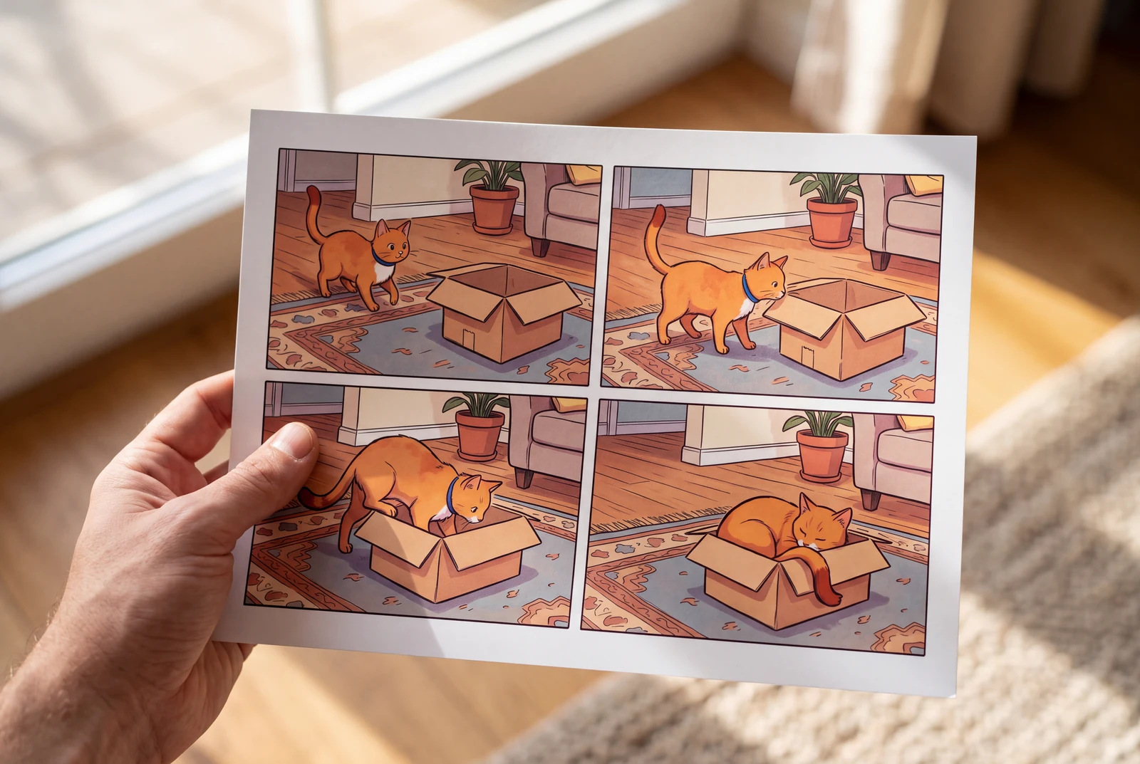 One adult hand holding a complete paper print of the four-panel orange-cat box story near a sunny home window