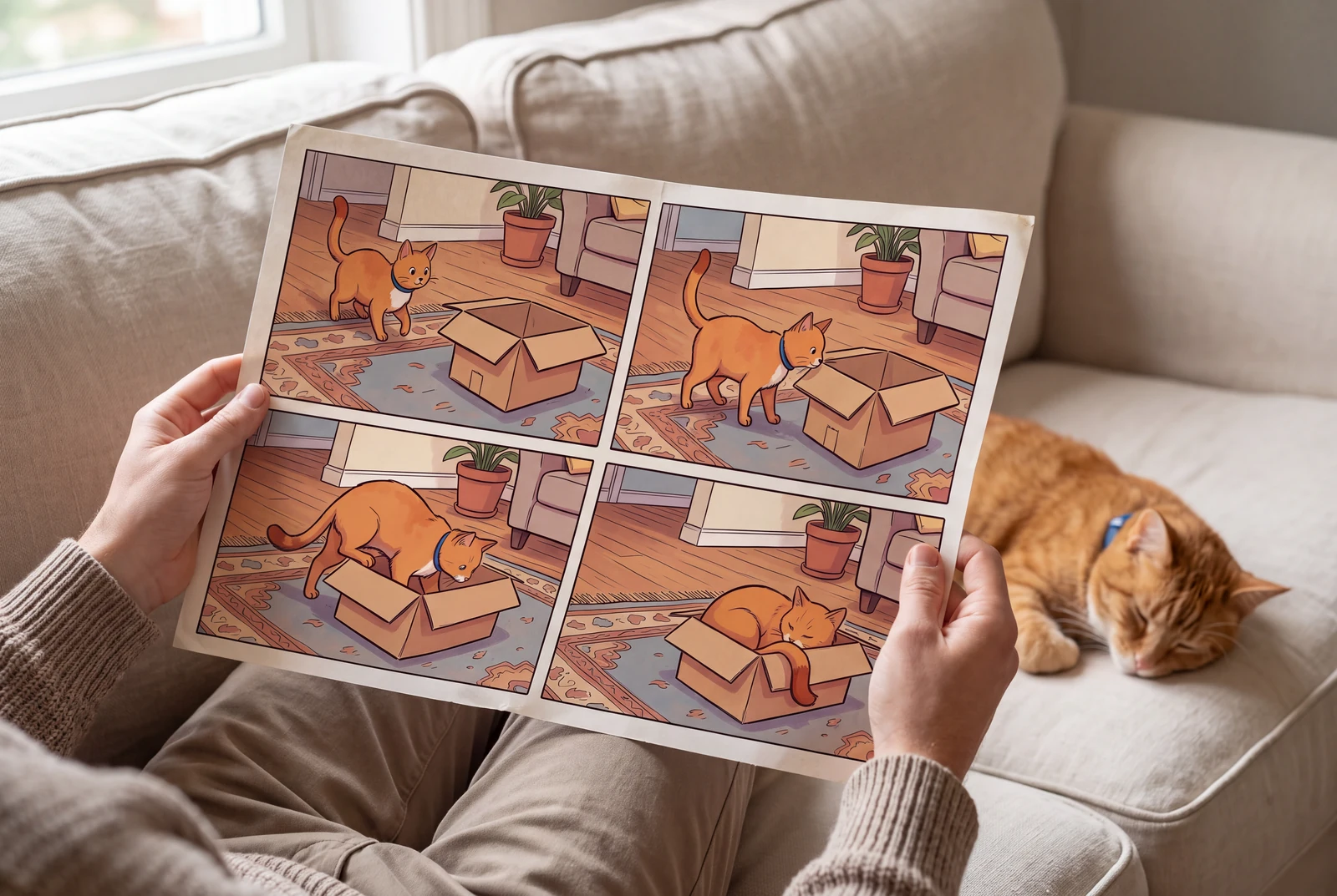 An adult holding a complete four-panel orange-cat comic on a sofa, with an orange cat resting beside them