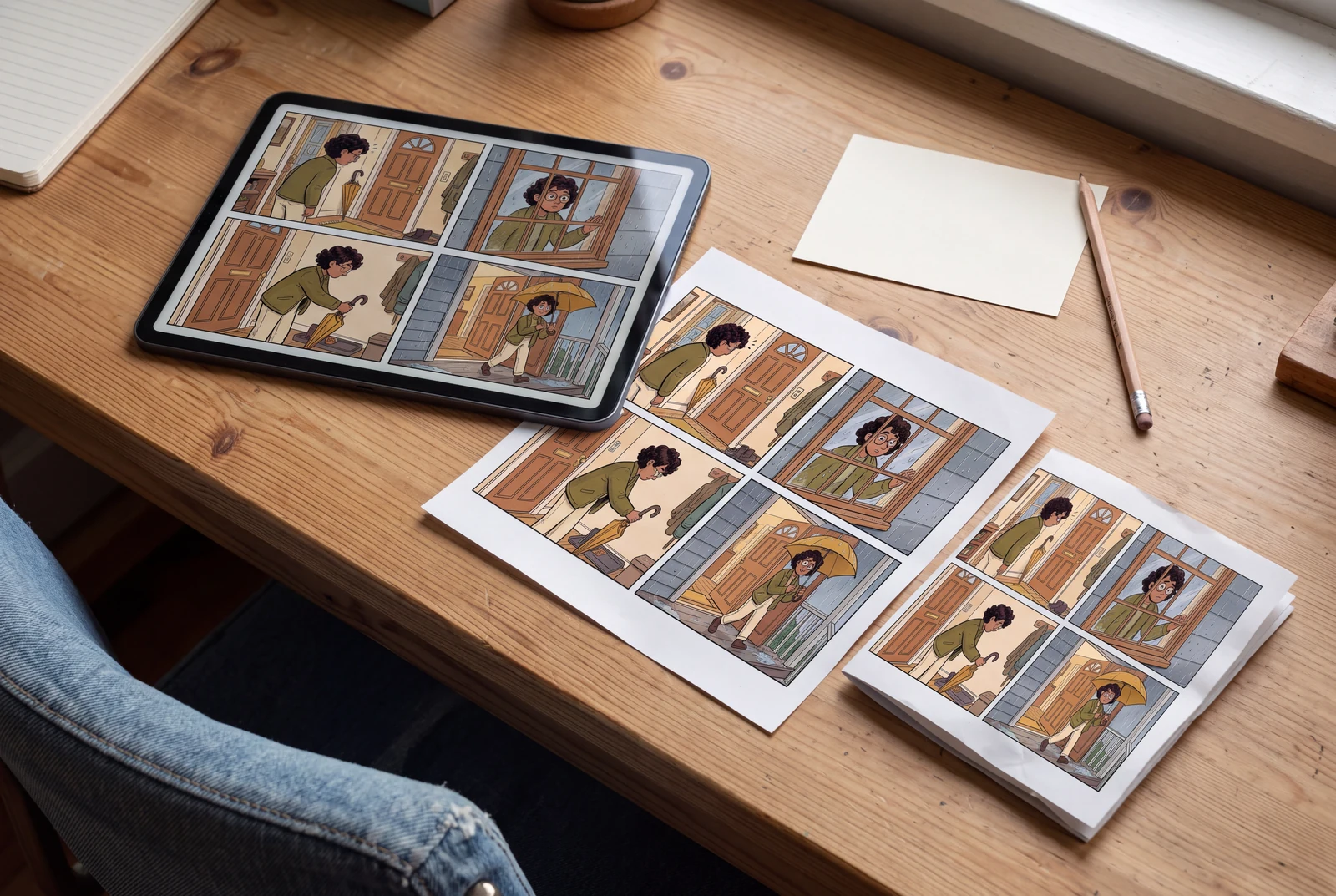 A tablet, full-page print and slim folded booklet showing the same umbrella comic, arranged with a blank note card on a home desk