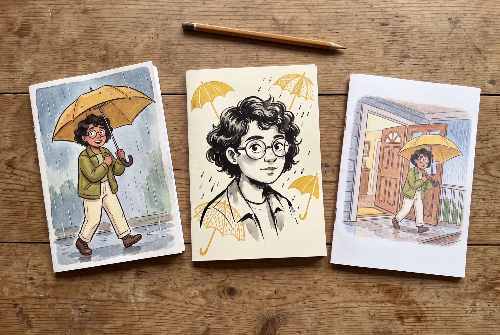 Three thin comic booklets with different illustrated covers of the same umbrella-story character on a dining table