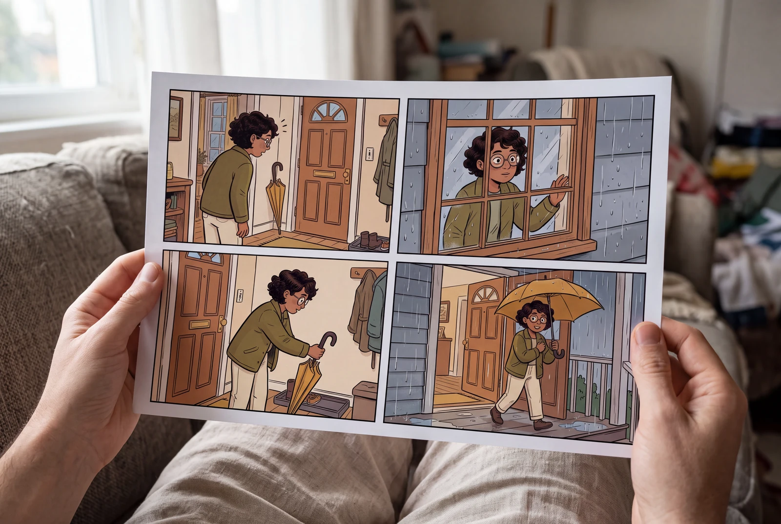 Two adult hands holding a complete four-panel umbrella comic on a matte paper print beside a living-room window