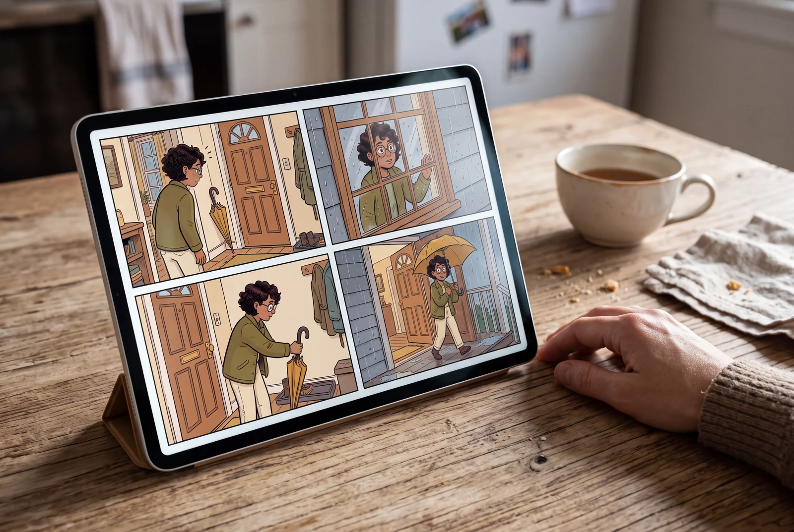 A tablet displaying the complete four-panel umbrella comic at a home breakfast table, with an adult hand resting nearby