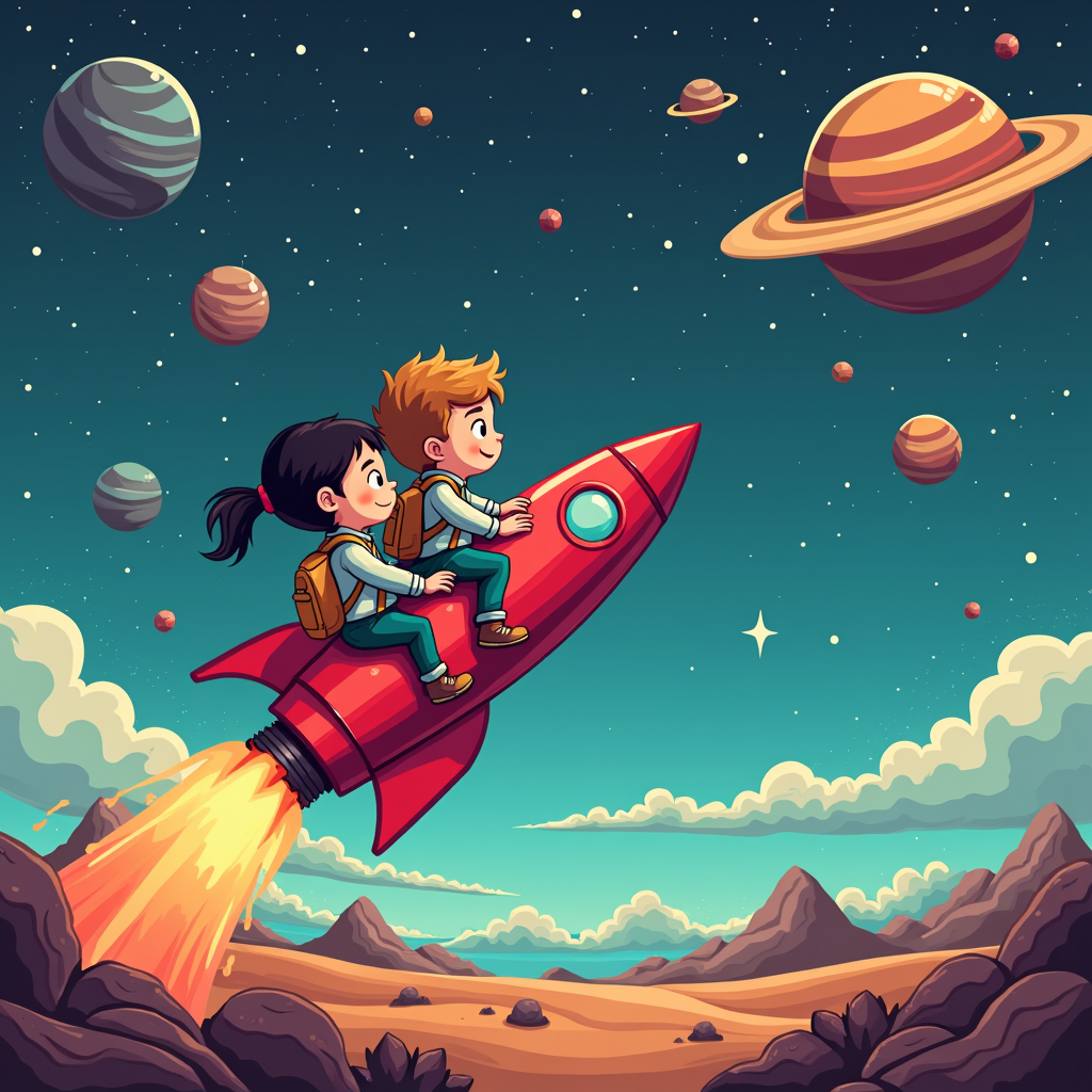 a comic in a retro pixel art style, showing kids exploring space in their trusty rocket. From playful aliens to mysterious planets, they embark on exciting interstellar adventures.