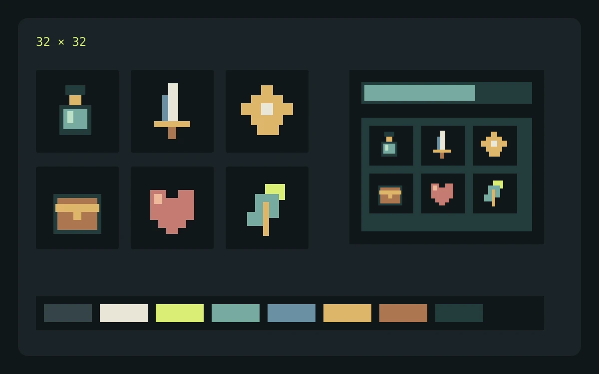 Six constructed pixel icons, including a potion, sword, star, chest, heart and leaf, arranged beside an inventory panel and shared color swatches.